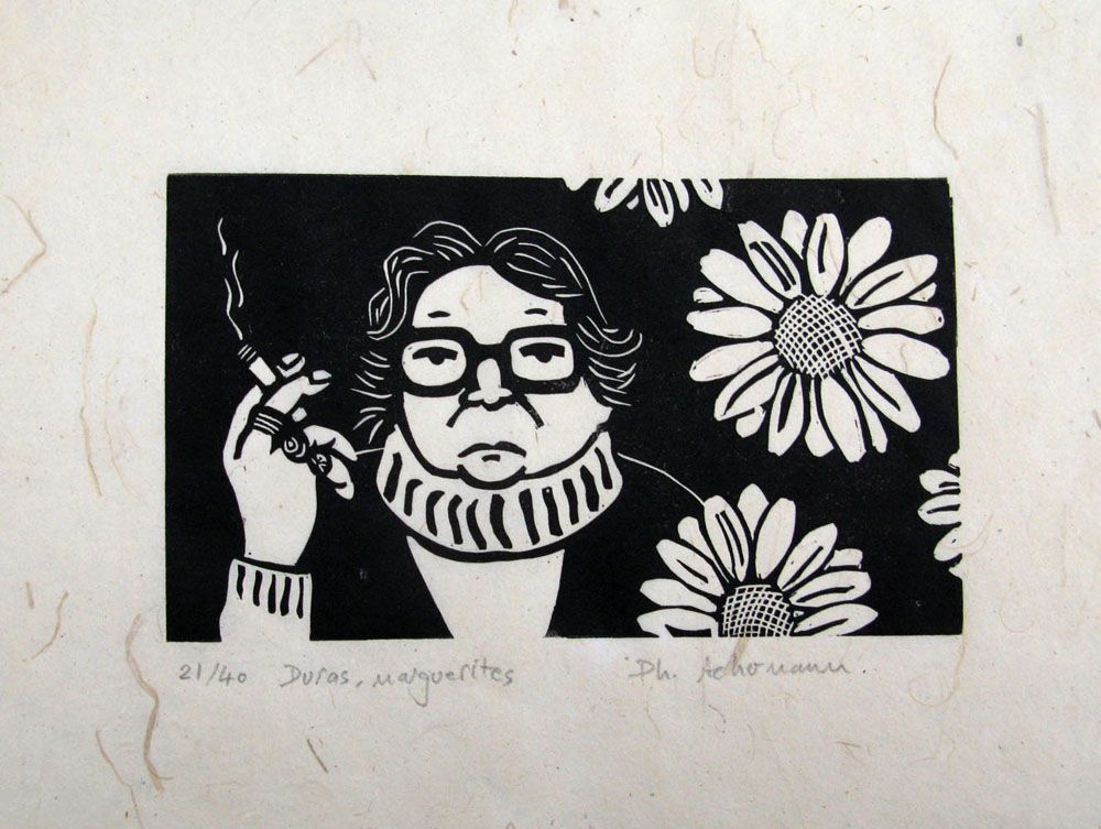 Linogravure graphique petit format noir DURAS, MARGUERITE – PHILIPPE ACHERMANN – 18 × 24 cm