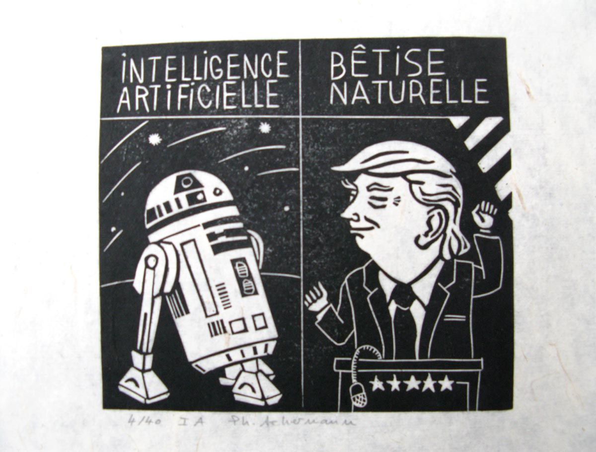 Linogravure graphique petit format noir IA – PHILIPPE ACHERMANN – 24 × 18 cm