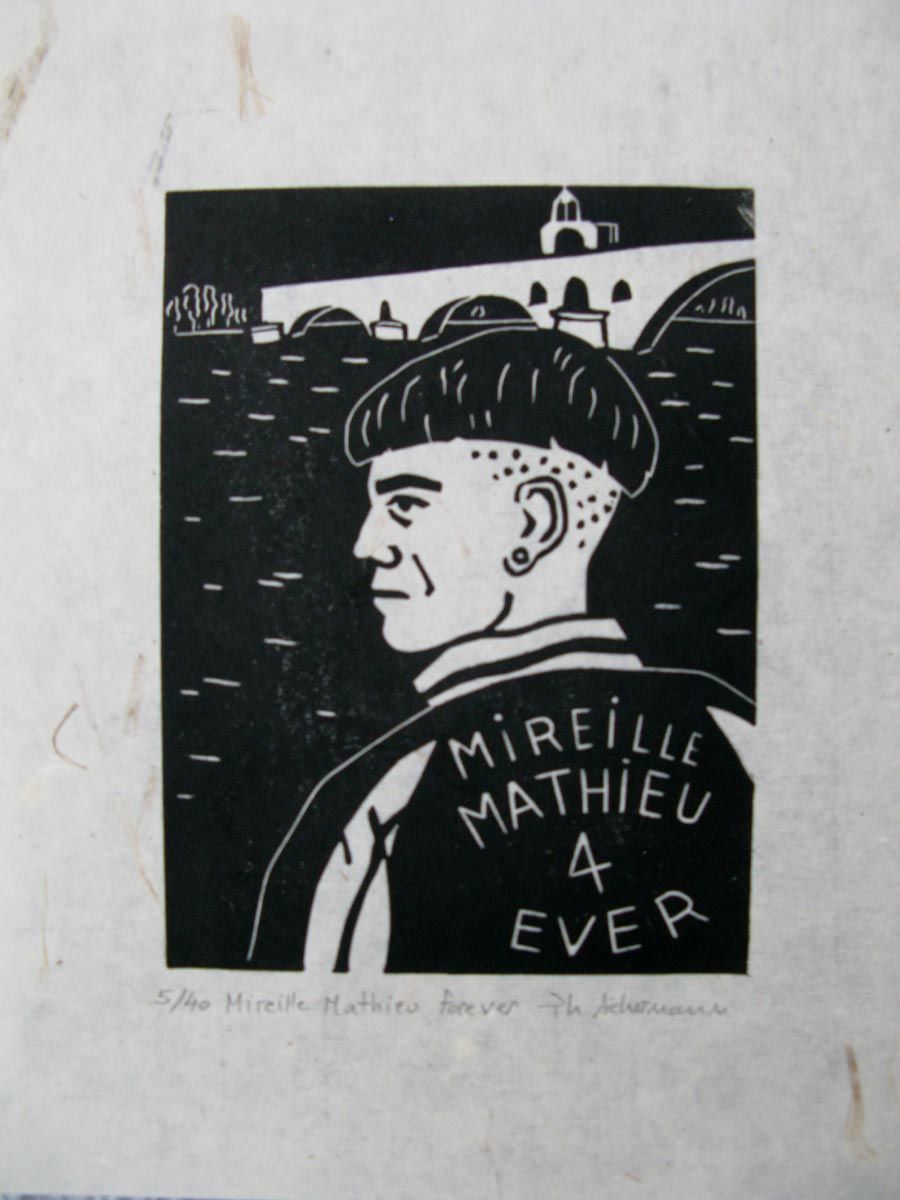 Linogravure graphique petit format noir Mireille Mathieu forever – PHILIPPE ACHERMANN – 24 × 18 cm