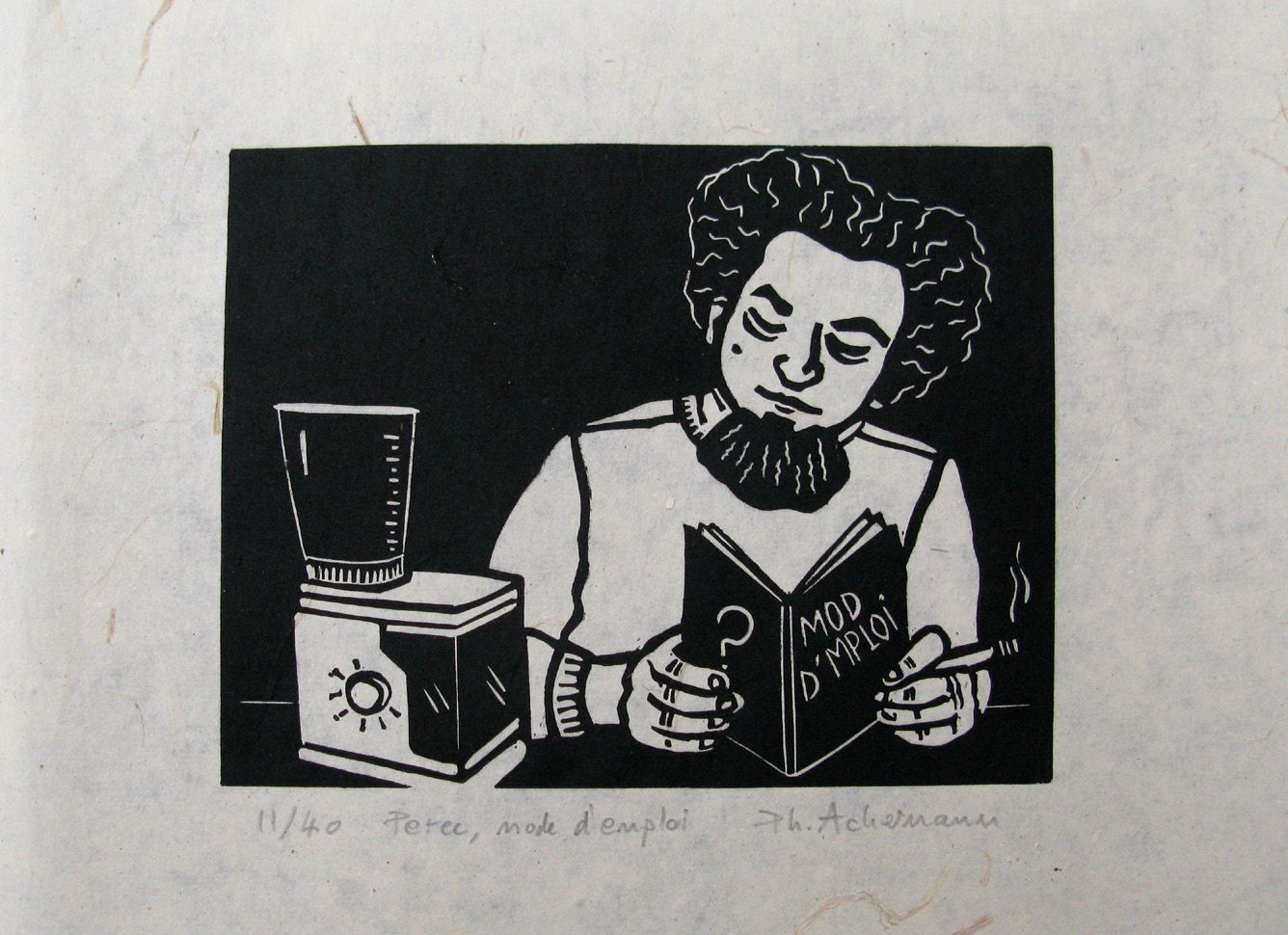 Linogravure graphique petit format noir PEREC, MODE D'EMPLOI – PHILIPPE ACHERMANN – 18 × 24 cm