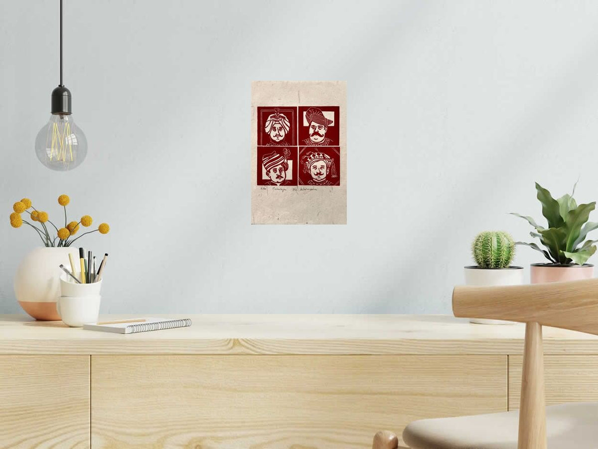 Linogravure Maharajas de PHILIPPE ACHERMANN dans un intérieur – 20 × 30 cm