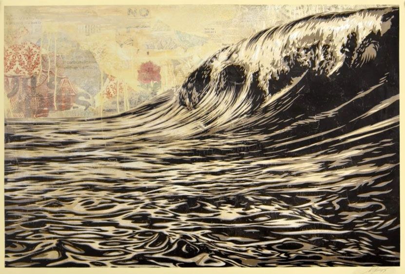 Lithographie moyen format beige et noir DARK WAVE – OBEY : SHEPARD FAIREY – 91 × 61 cm