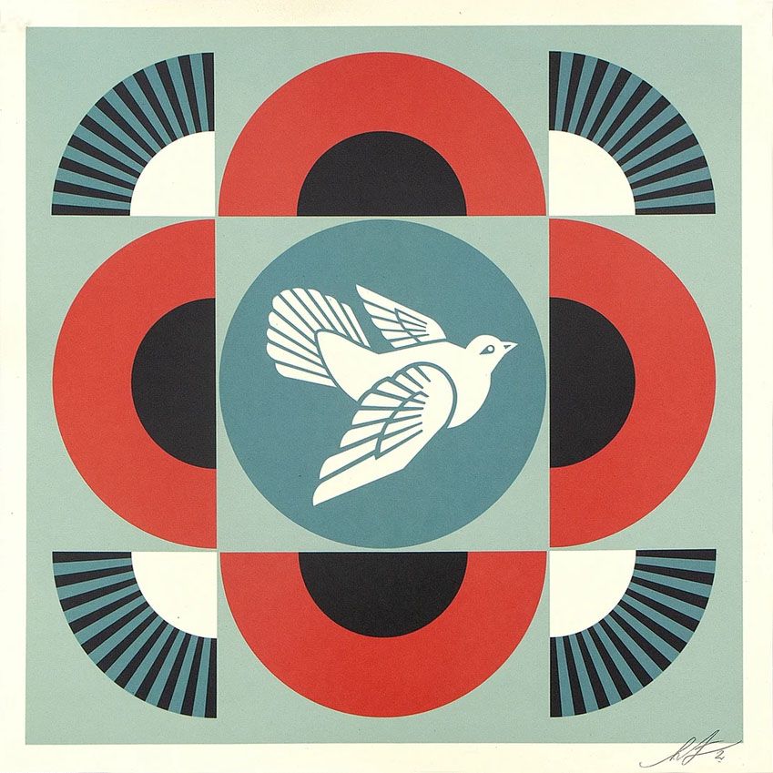 Lithographie street art moyen format COLOMBE GÉOMÉTRIQUE -RED – OBEY : SHEPARD FAIREY – 61 × 61 cm
