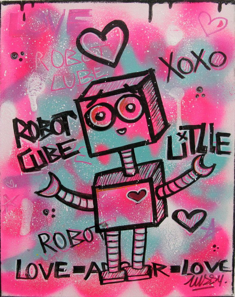 Tableau de LUSSY a pour titre  love robbbot style graffiti, street pop art dim : LUSSYprix:110