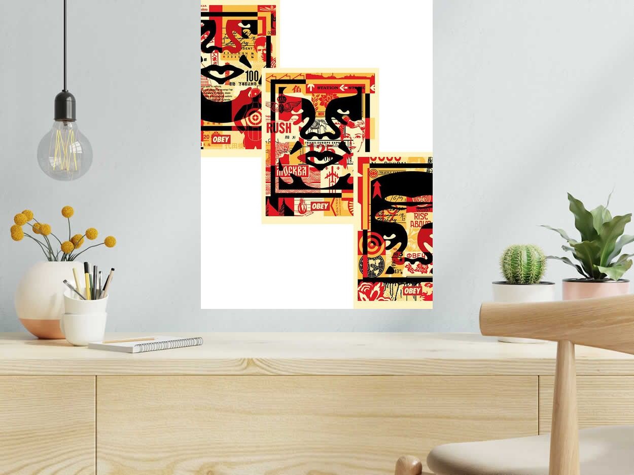 Editions d'art de OBEY : SHEPARD FAIREY  a pour titre  OBEY 3-FACE COLLAGE style street pop art dim : OBEY : SHEPARD FAIREY prix:130