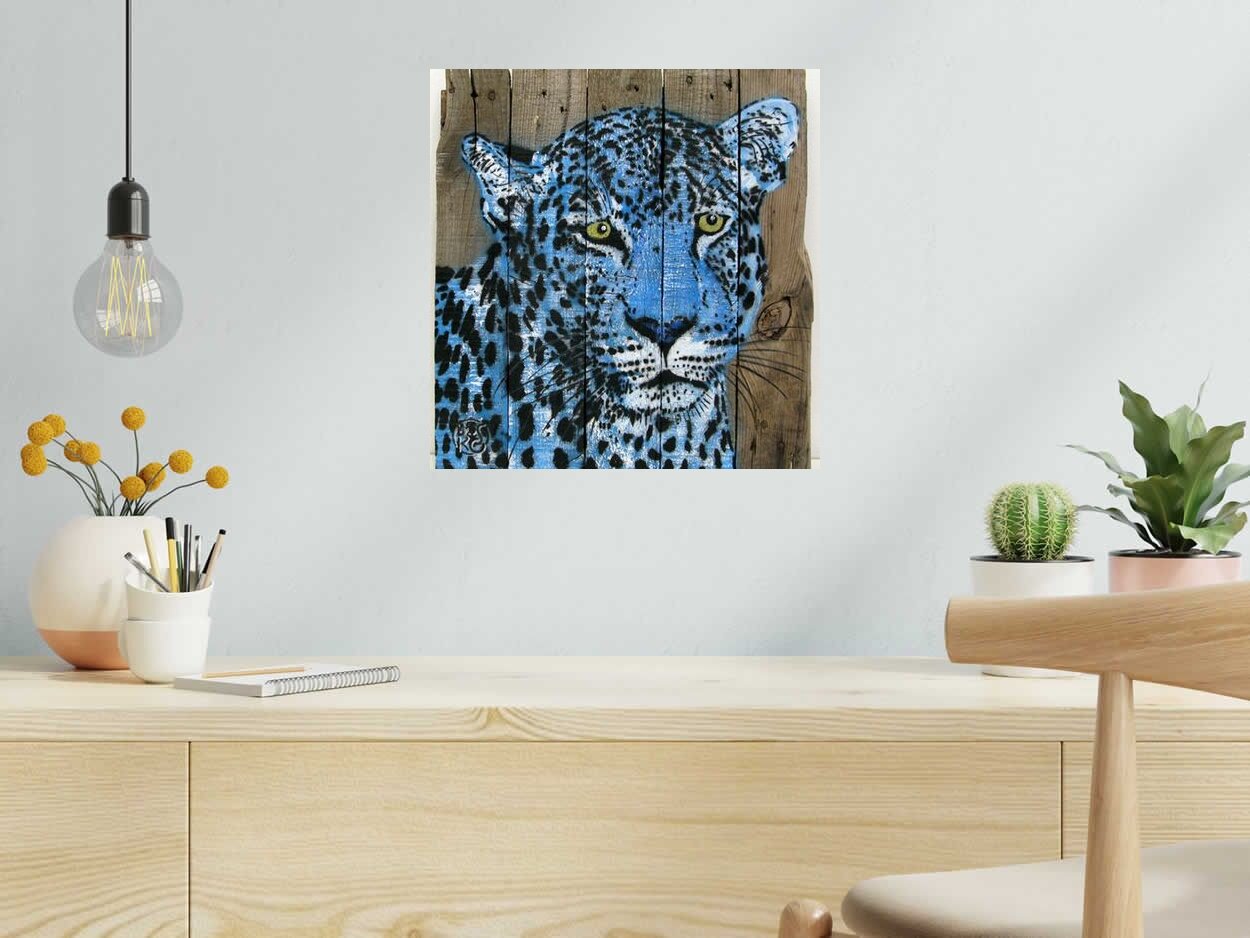 Tableau de MOSKO a pour titre  LEOPARD BLEU style figuratif dim : MOSKOprix:900