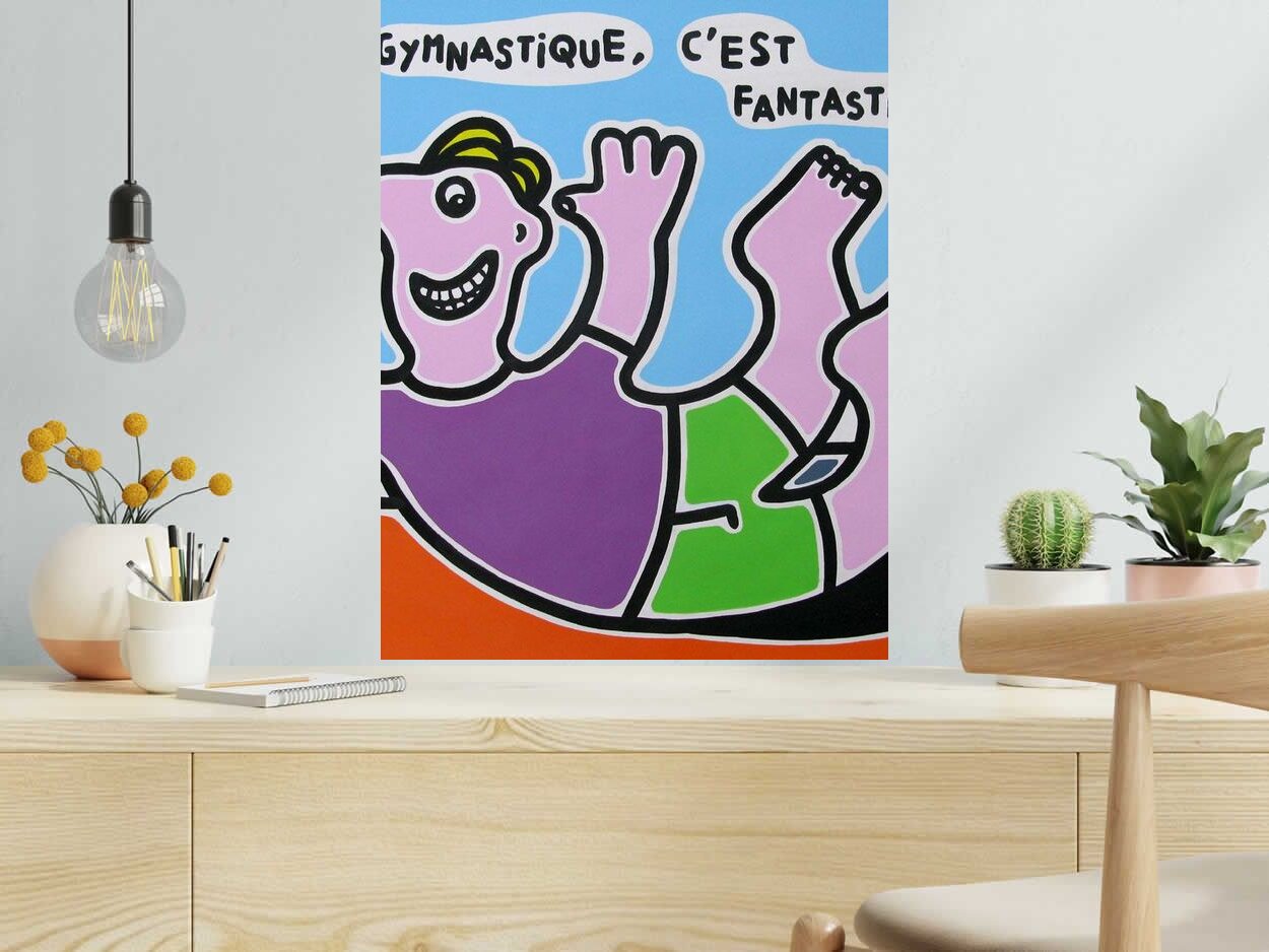 Dessin de MOUSTACHE BLEUE a pour titre  La gymnastique c'est fantastique ! style figuratif dim : MOUSTACHE BLEUEprix:120