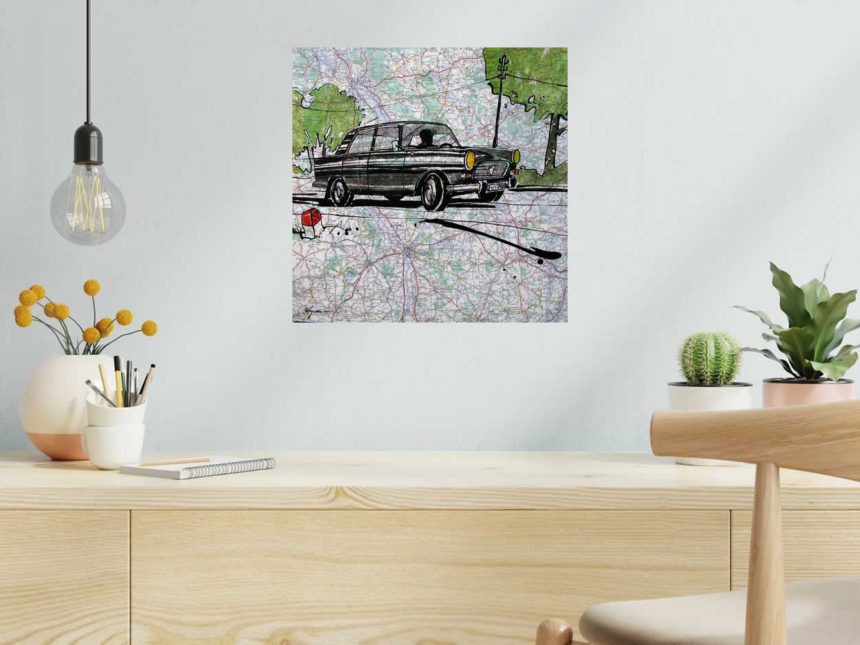 Tableau de CYRIL REGUERRE a pour titre  PEUGEOT 404 style figuratif dim : CYRIL REGUERREprix:250