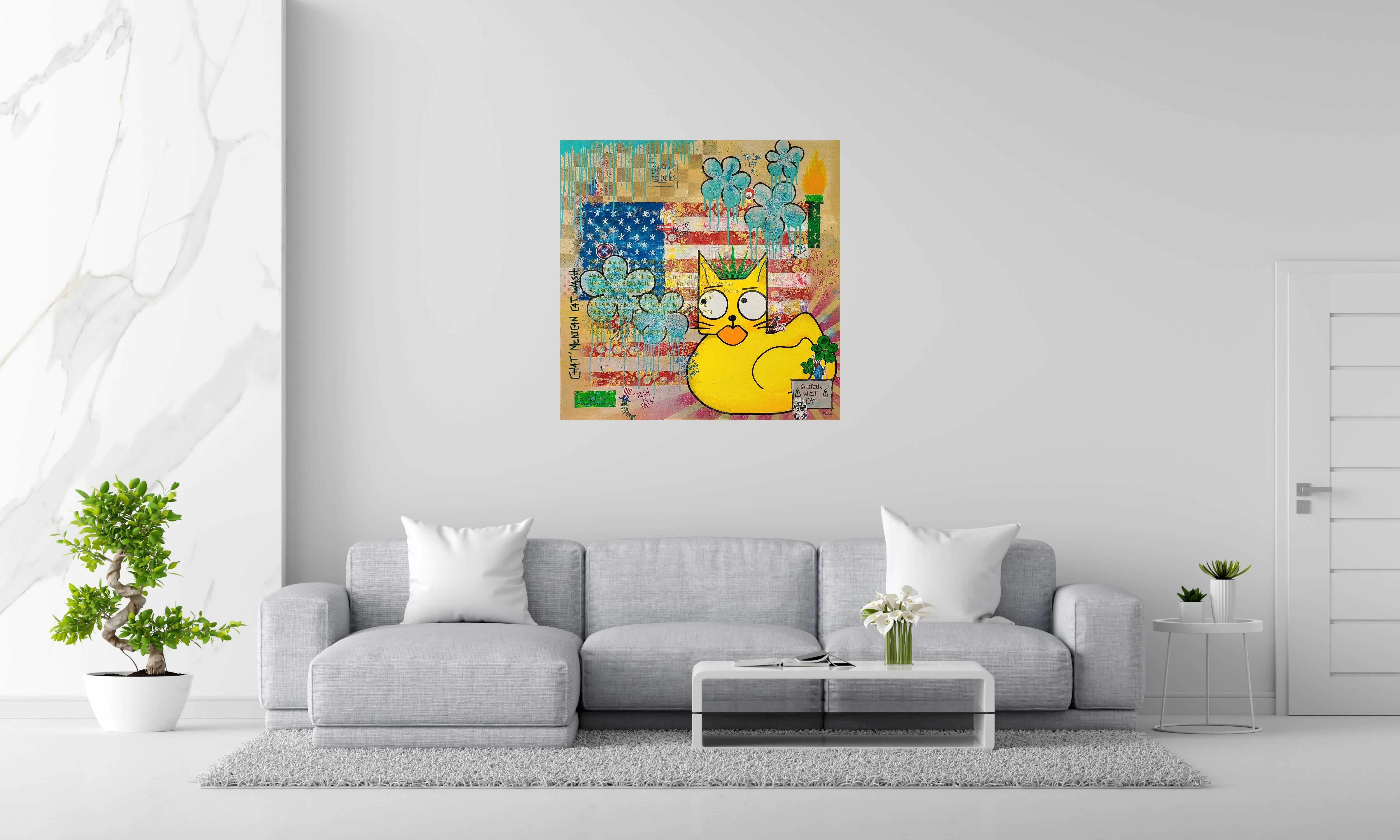 Tableau de Stephanie Godann a pour titre  Chat'merican Cat Wash style street art dim : Stephanie Godannprix:850