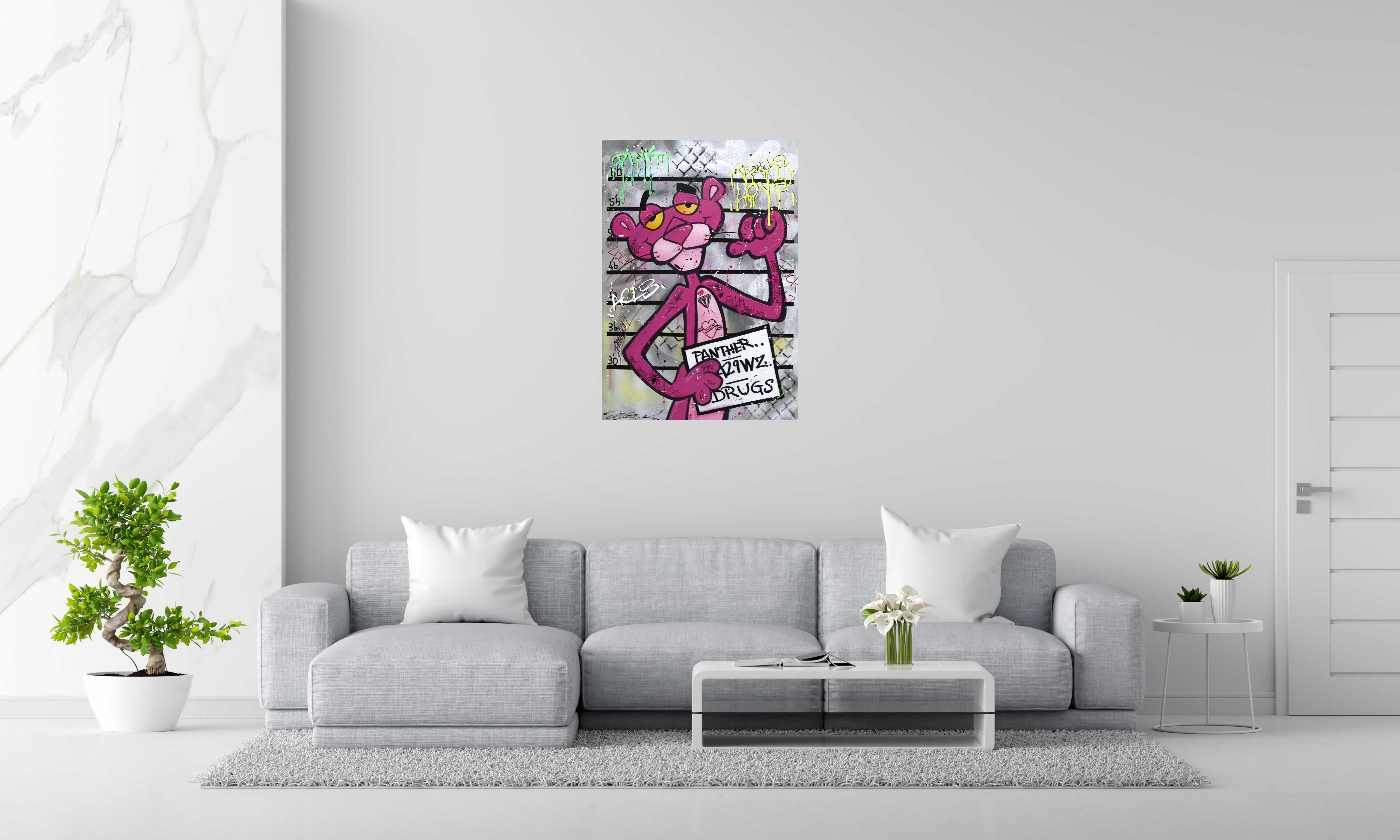 Tableau de JUG a pour titre  PINK JAIL style street pop art dim : JUGprix:700