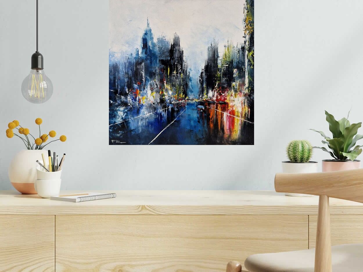 Tableau de PHIL a pour titre  Avenue, NY Bleu Rain style figuratif dim : PHILprix:300