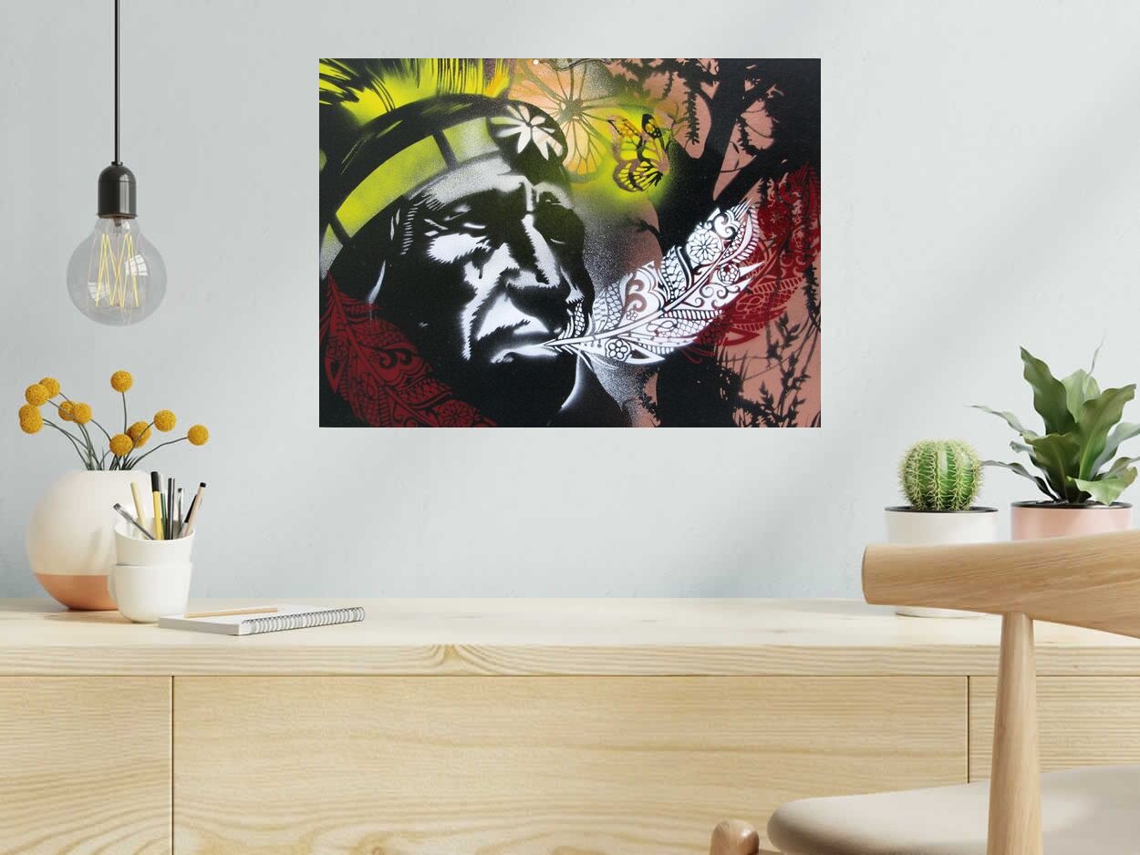 Tableau de KARO TRASS a pour titre  Prêtes moi ta plume style street pop art, street art dim : KARO TRASSprix:170