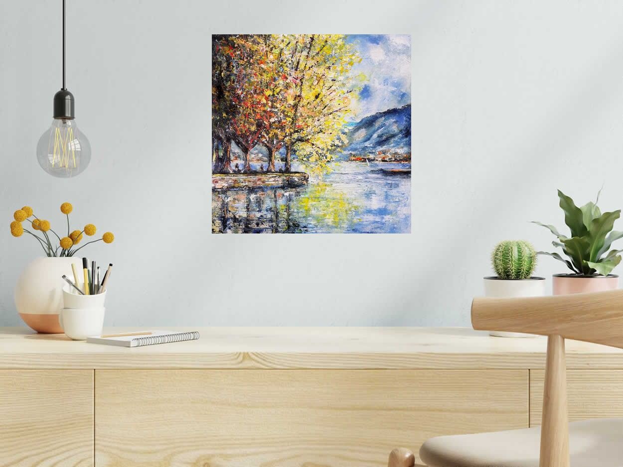 Tableau de PHIL a pour titre  Rives du lac d'Annecy style figuratif dim : PHILprix:250