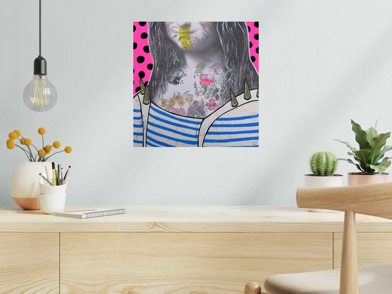 Tableau de LN LE PAPE a pour titre  Le décolleté de Mona Lisa style street pop art dim : LN LE PAPEprix:180