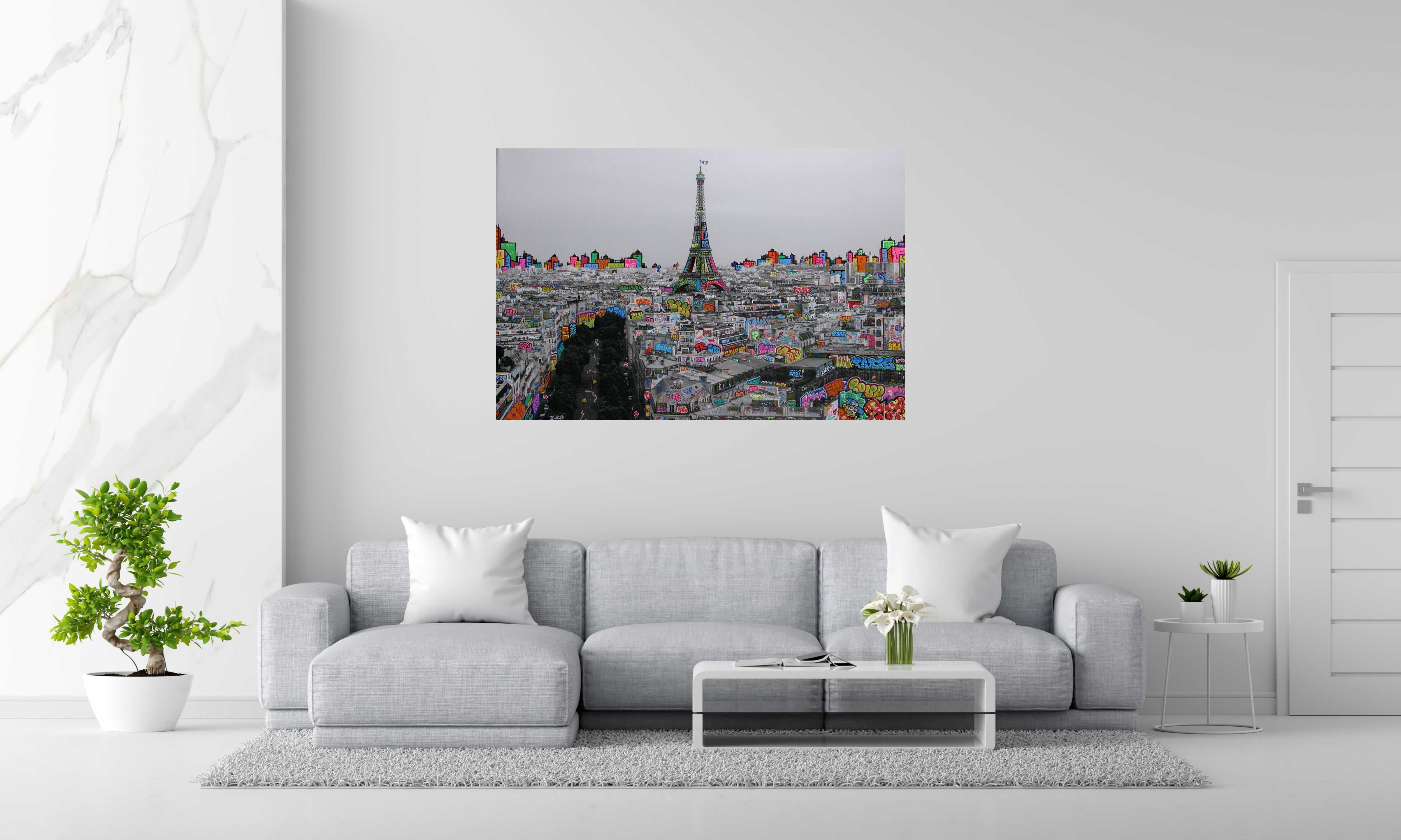Editions d'art de BLACH a pour titre  Paris panoramique en noir et blanc style graffiti, street pop art dim : BLACHprix:1500