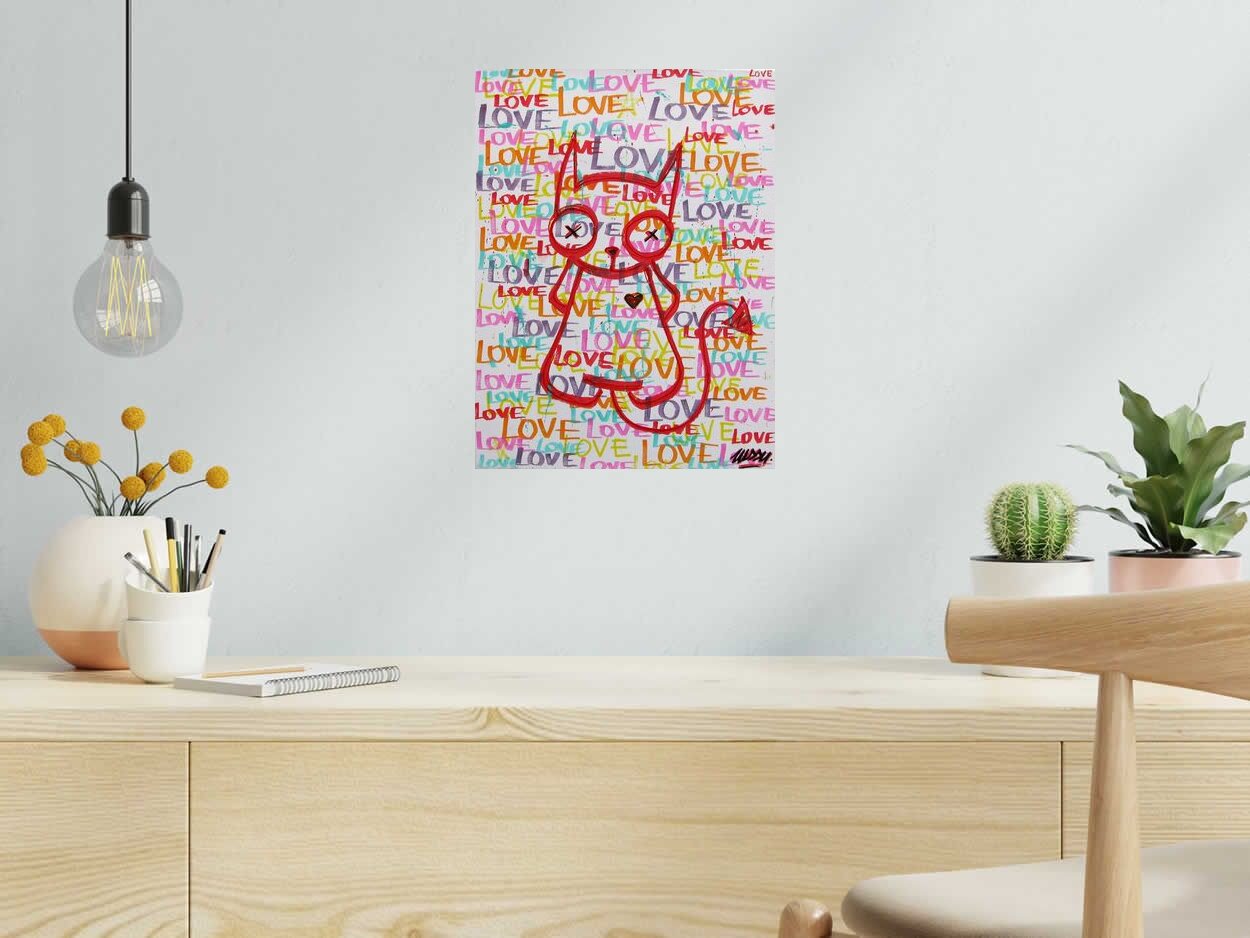 Tableau de LUSSY a pour titre  cat love blanc style graffiti, street pop art dim : LUSSYprix:110