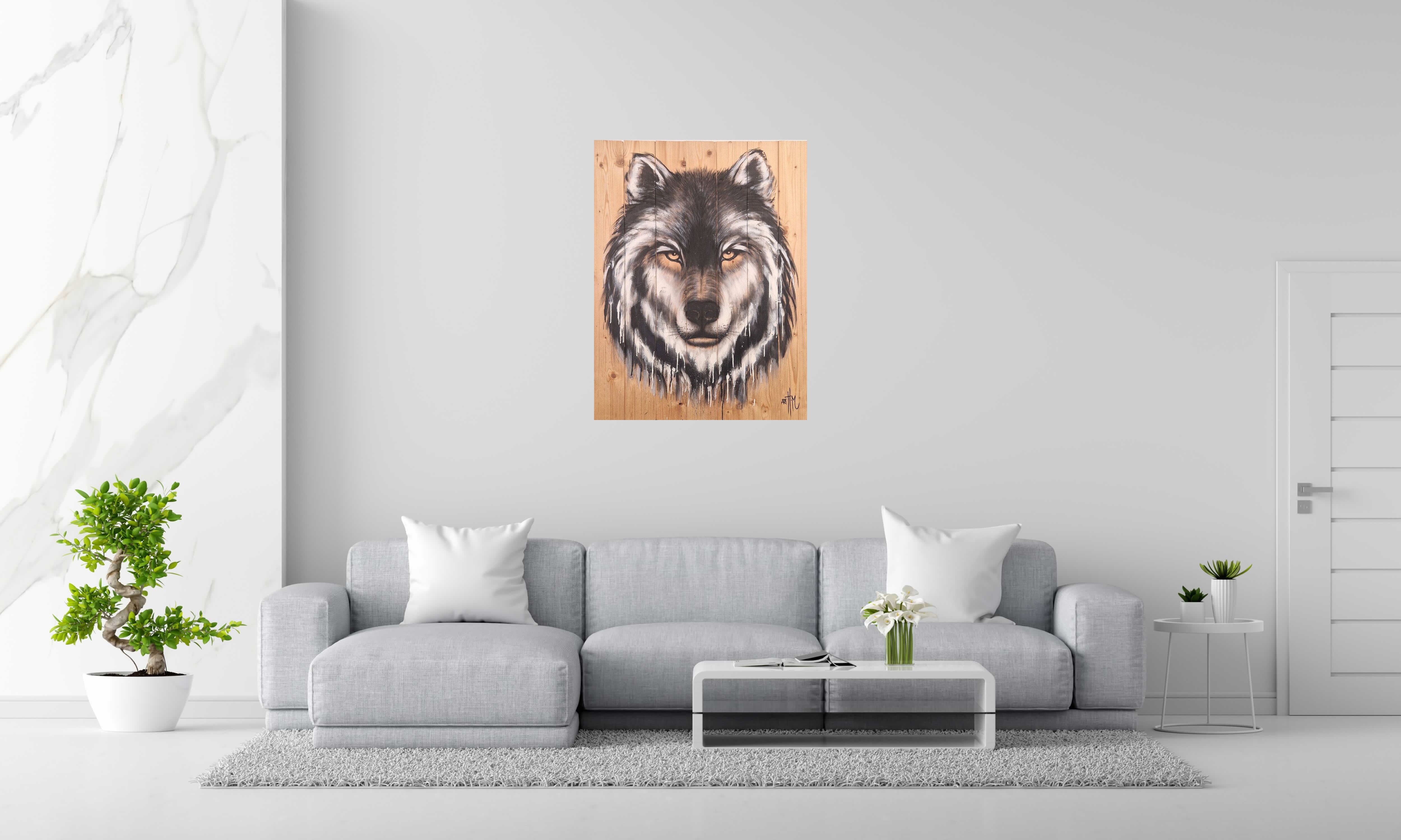 Tableau de ART HM a pour titre  Loup sur Bois style figuratif, graphique dim : ART HMprix:1000