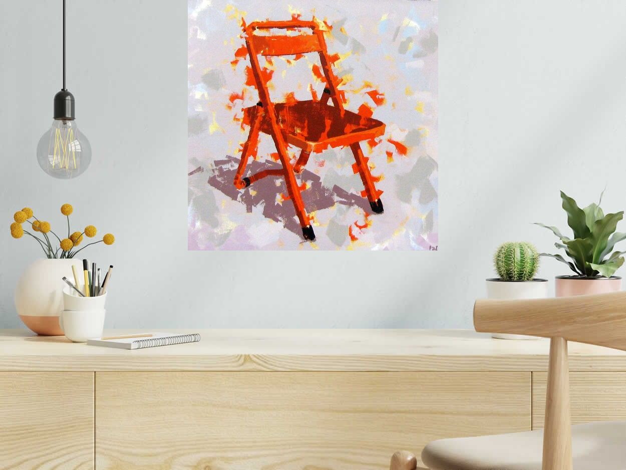 Tableau de HEATON RUDYARD a pour titre  CHAISE ORANGE style figuratif dim : HEATON RUDYARDprix:350