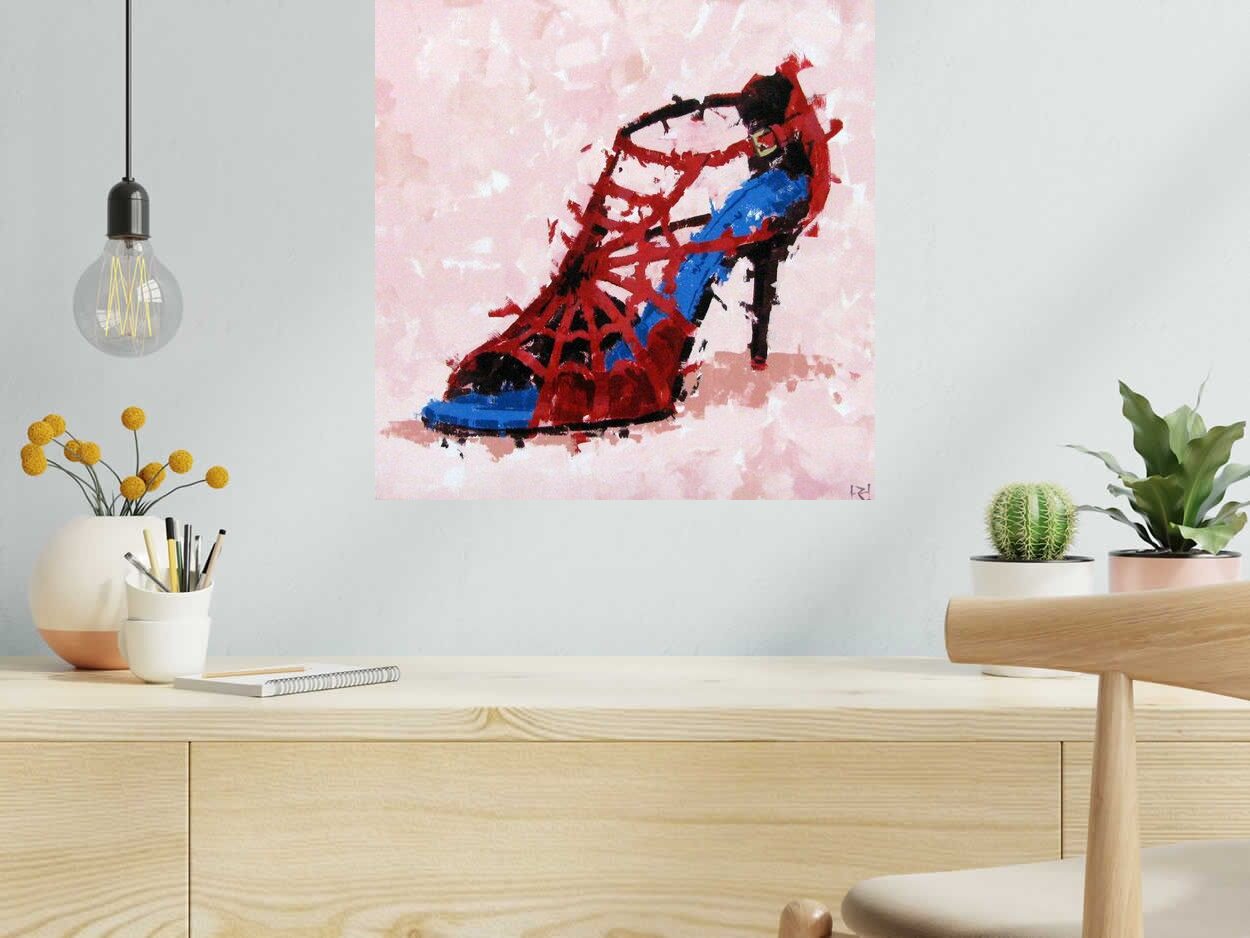Tableau de HEATON RUDYARD a pour titre  CHAUSSURE SPIDERWOMAN style figuratif dim : HEATON RUDYARDprix:350
