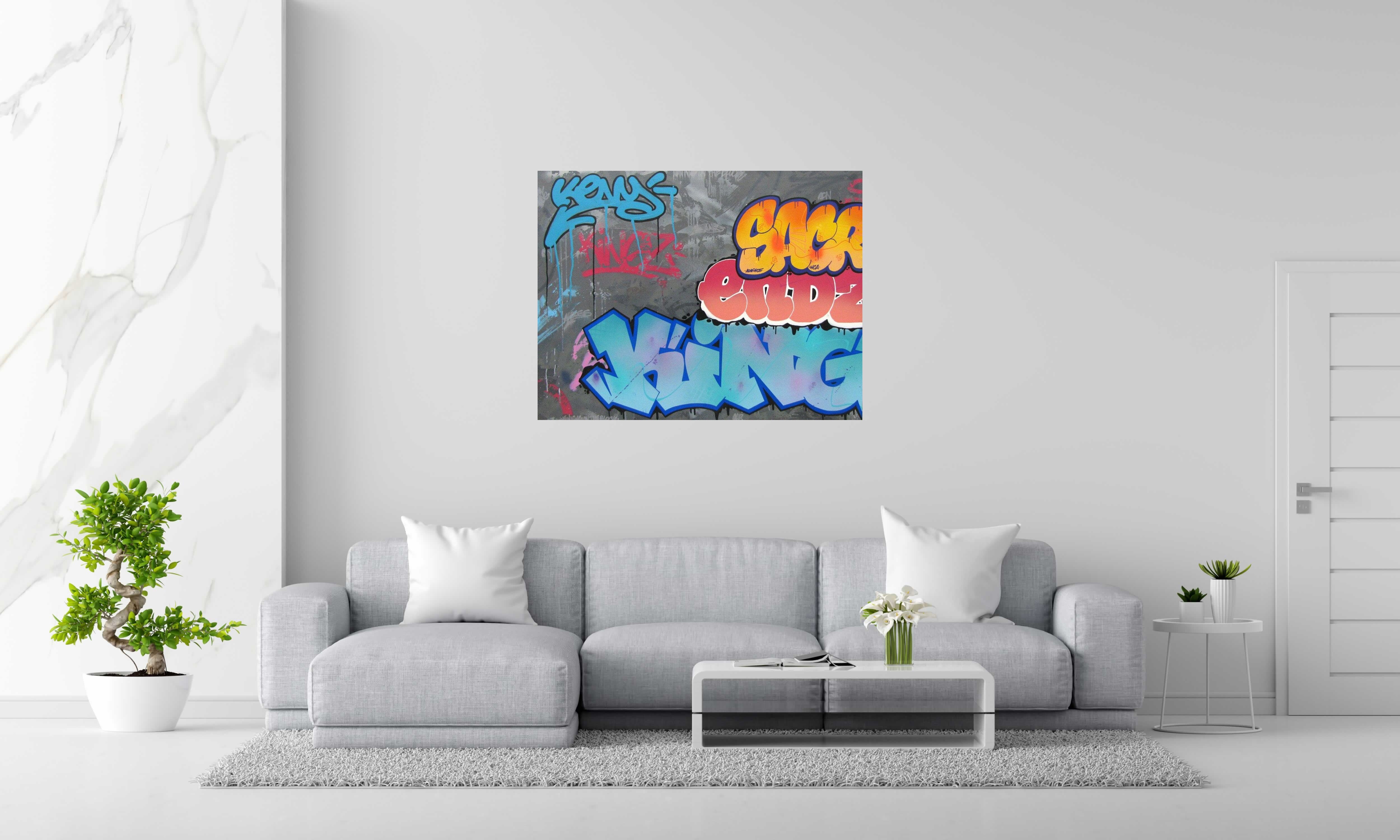 Tableau de KENY a pour titre  NEW KING ON THE BLOCK style graffiti, street art dim : KENYprix:900