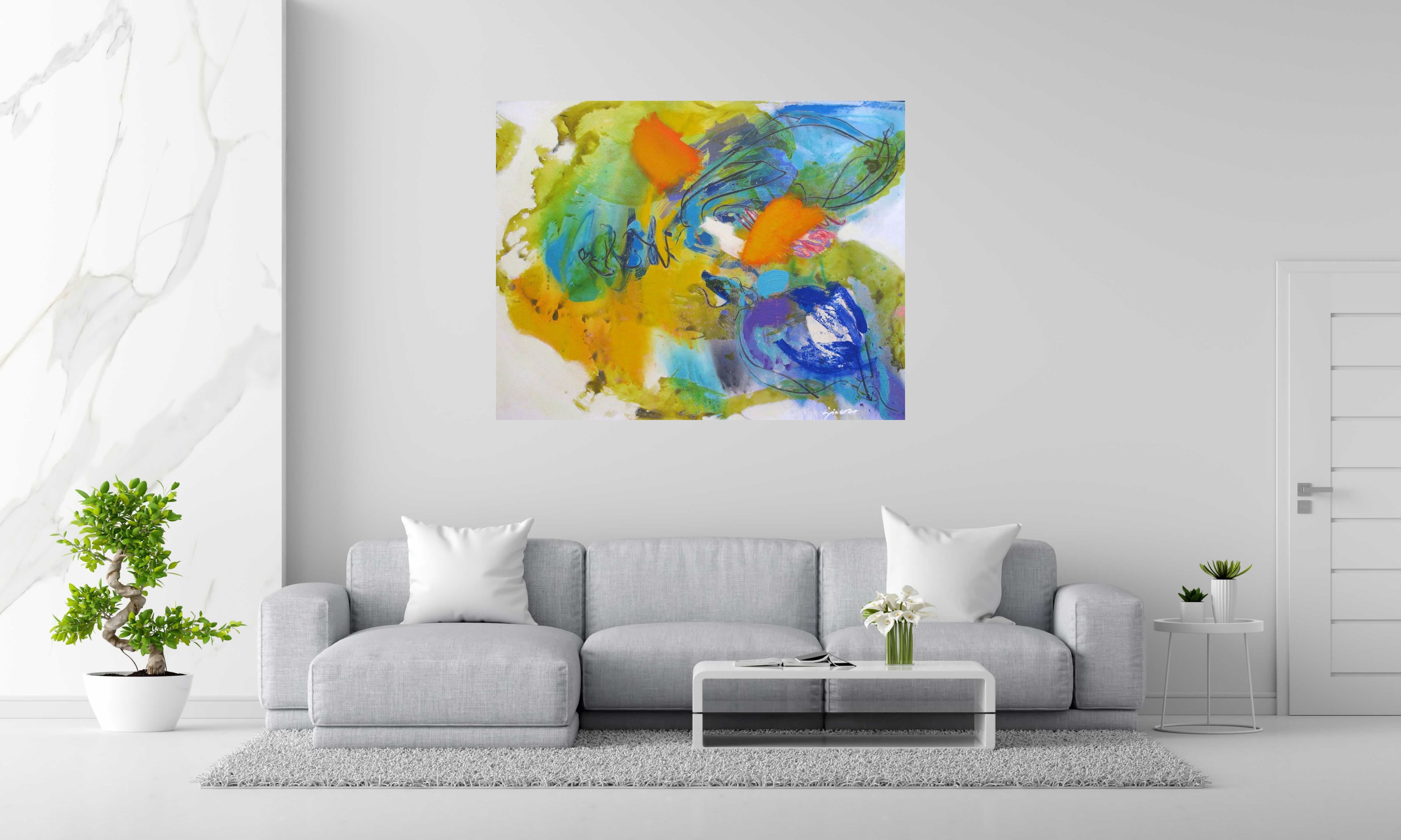 Tableau de GIACOMO a pour titre  JARDIN ET VENT style abstrait dim : GIACOMOprix:1500