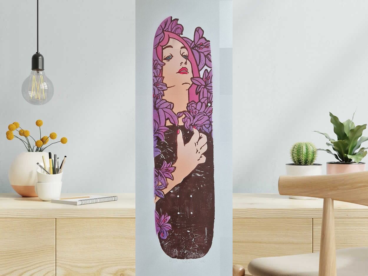 Editions d'art de OSRU a pour titre  SKATE/MUCHA VIOLET ET ROSE style figuratif dim : OSRUprix:70