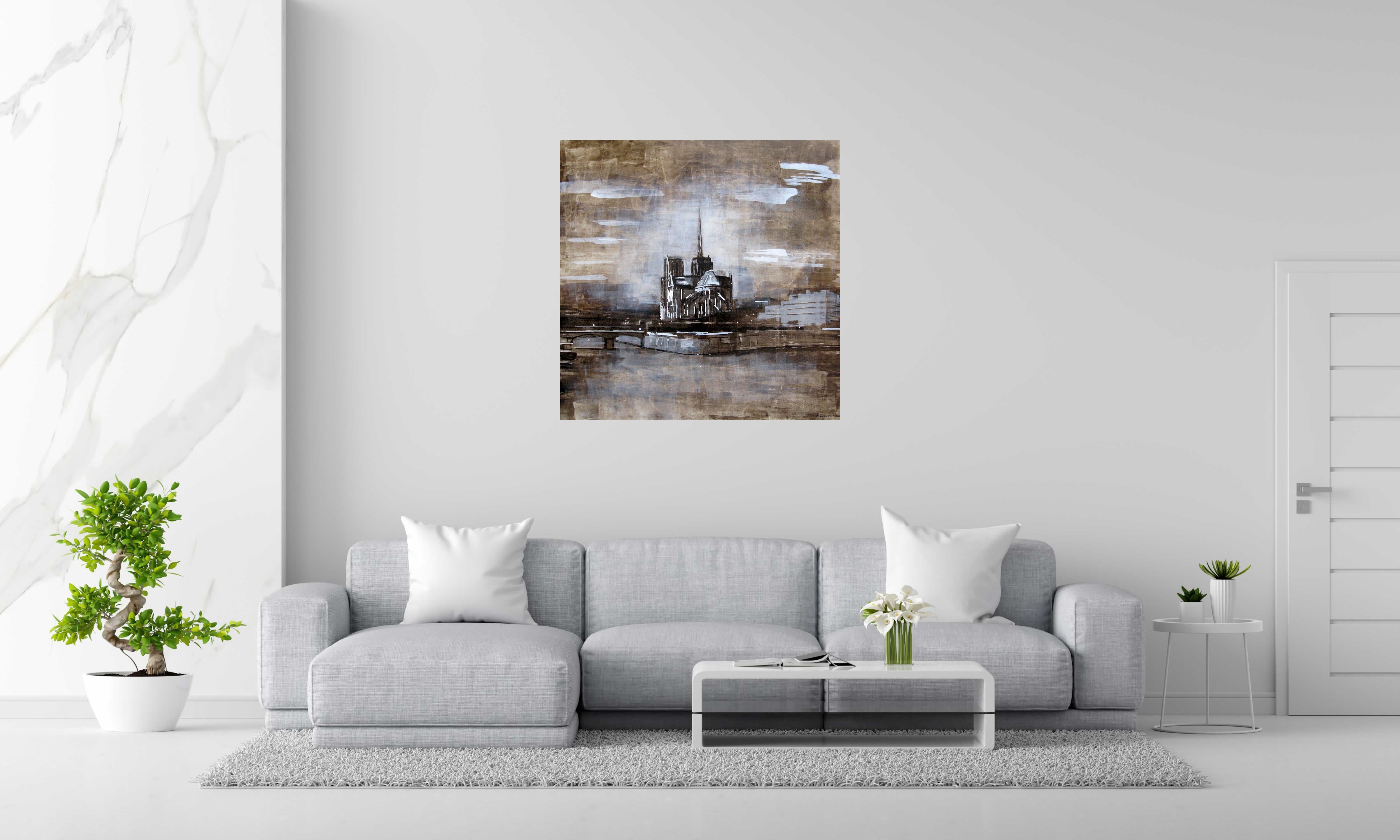 Tableau de ADRIEN FAVEAU a pour titre  NOTRE DAME MONOCHROME style figuratif dim : ADRIEN FAVEAUprix:2500