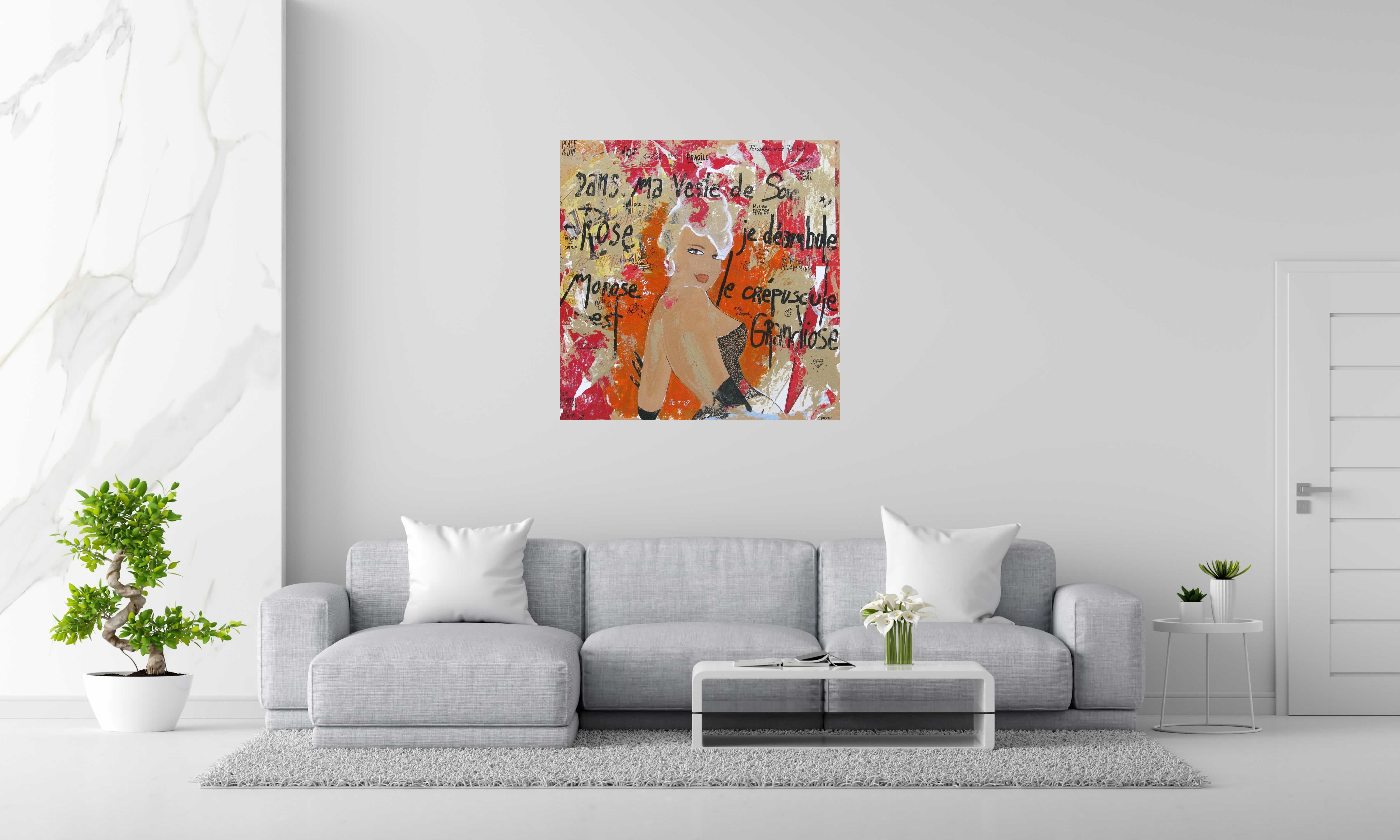 Tableau de CACOU a pour titre  DANS MA VESTE DE SOIE ROSE... style no dim : CACOUprix:850