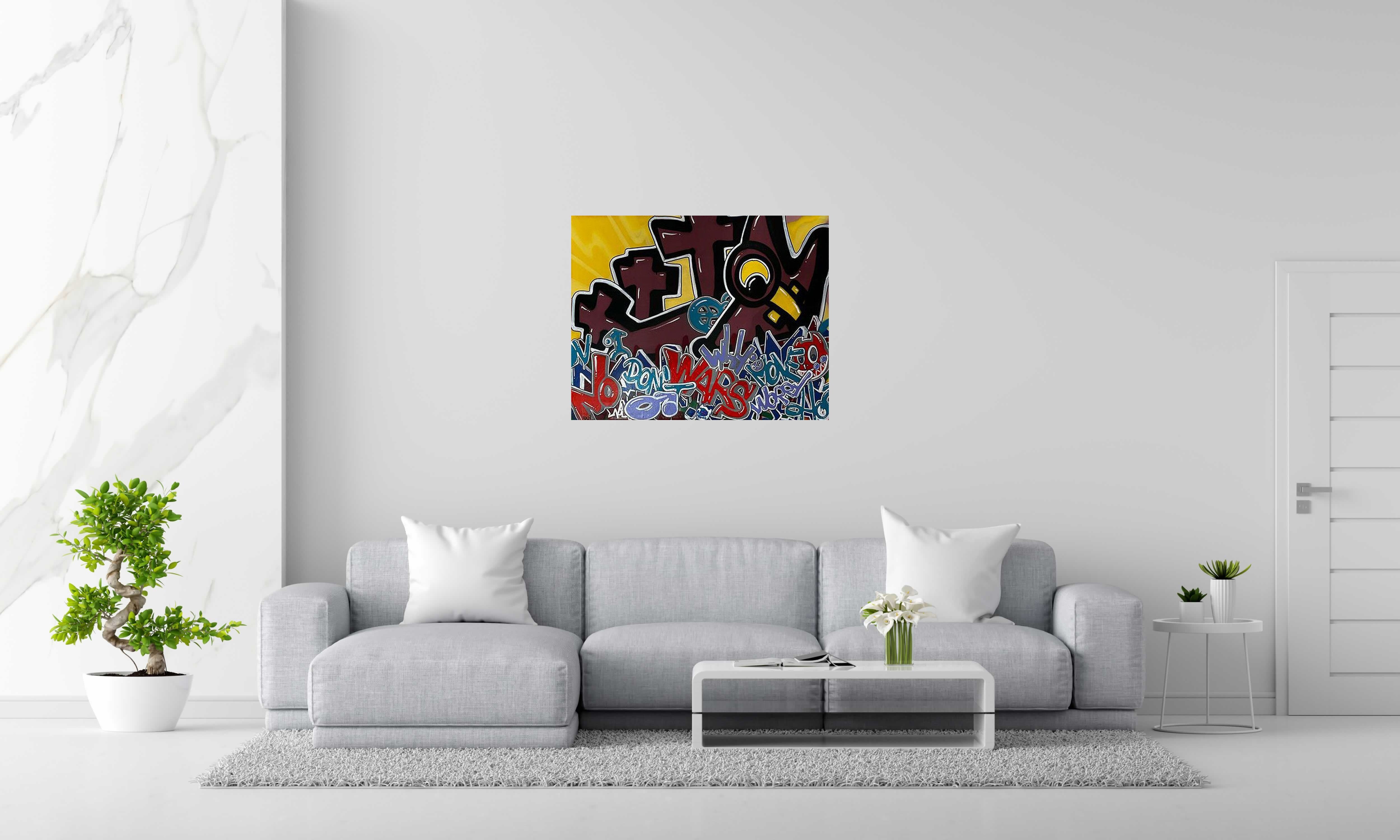 Tableau de GUTI a pour titre  NO WAR style graffiti, street art dim : GUTIprix:700