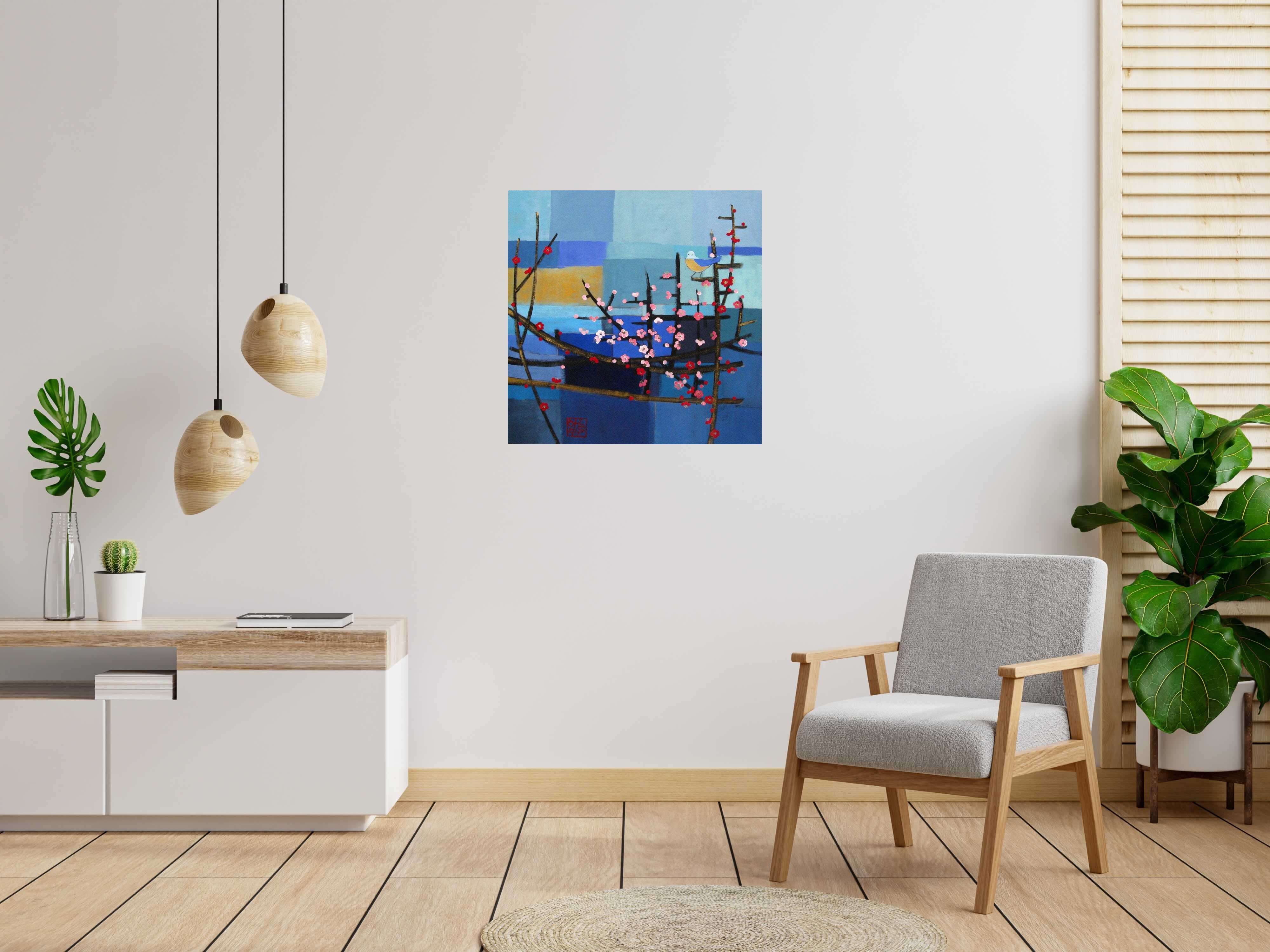 Tableau de JEONG MIN LEE a pour titre  MESANGE BLEUE DANS LES BRANCHAGES style figuratif dim : JEONG MIN LEEprix: