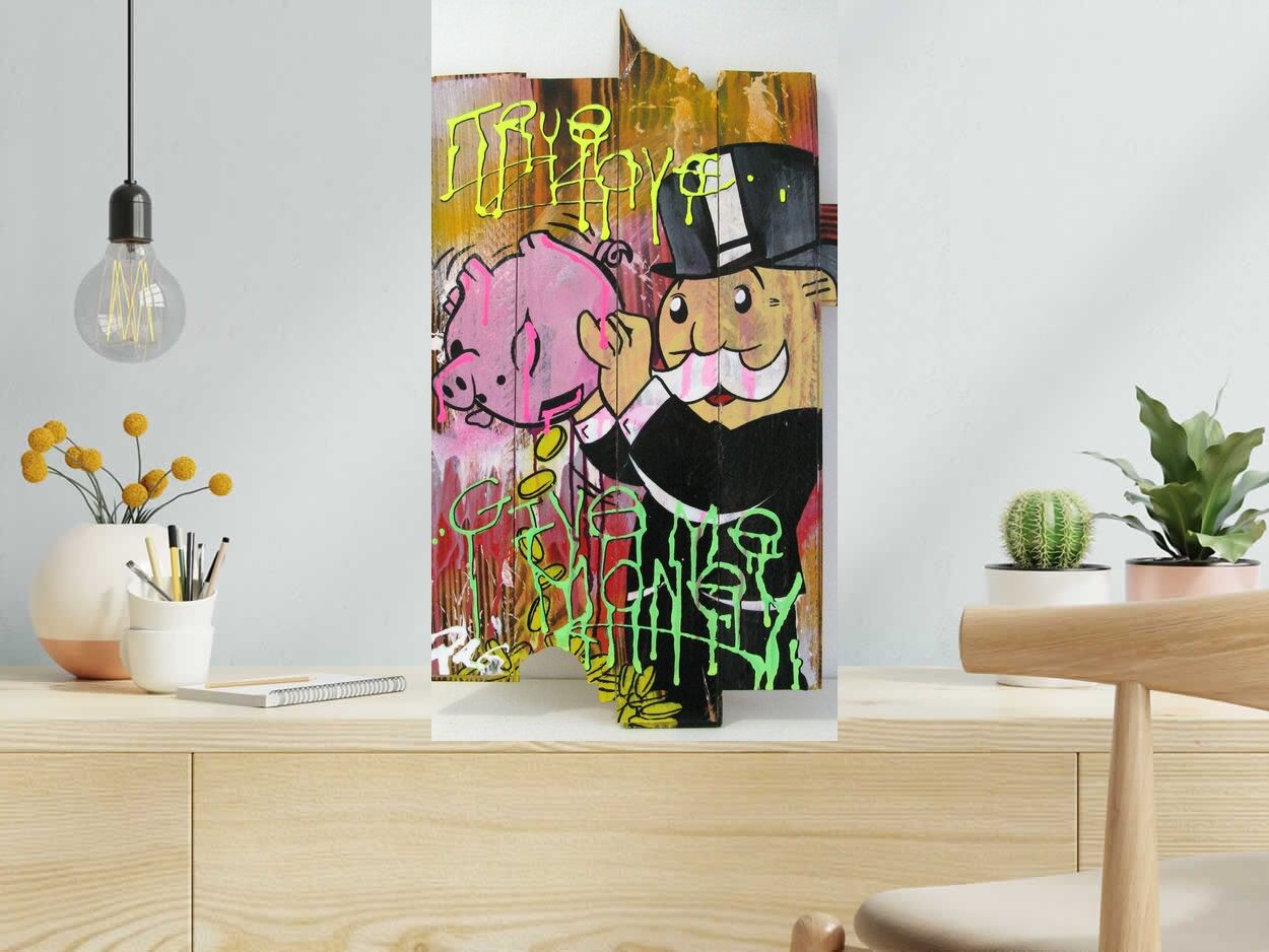 Tableau de JUG a pour titre  PINK MONEY style street pop art dim : JUGprix:450