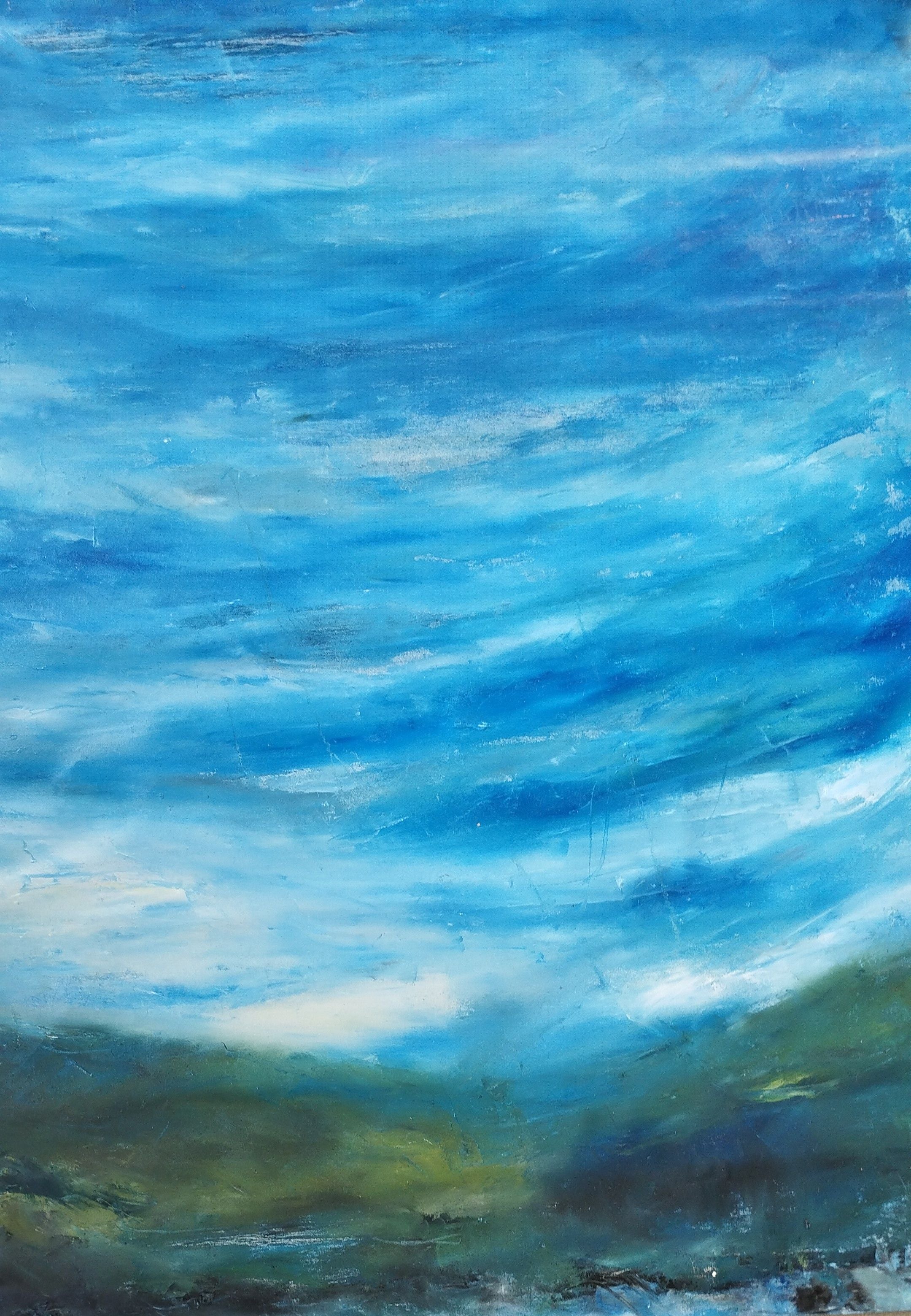 Peinture abstraite format xxl bleu et vert Terre bleue 2 – PASCALE JACQUEMOND – 77 × 100 cm