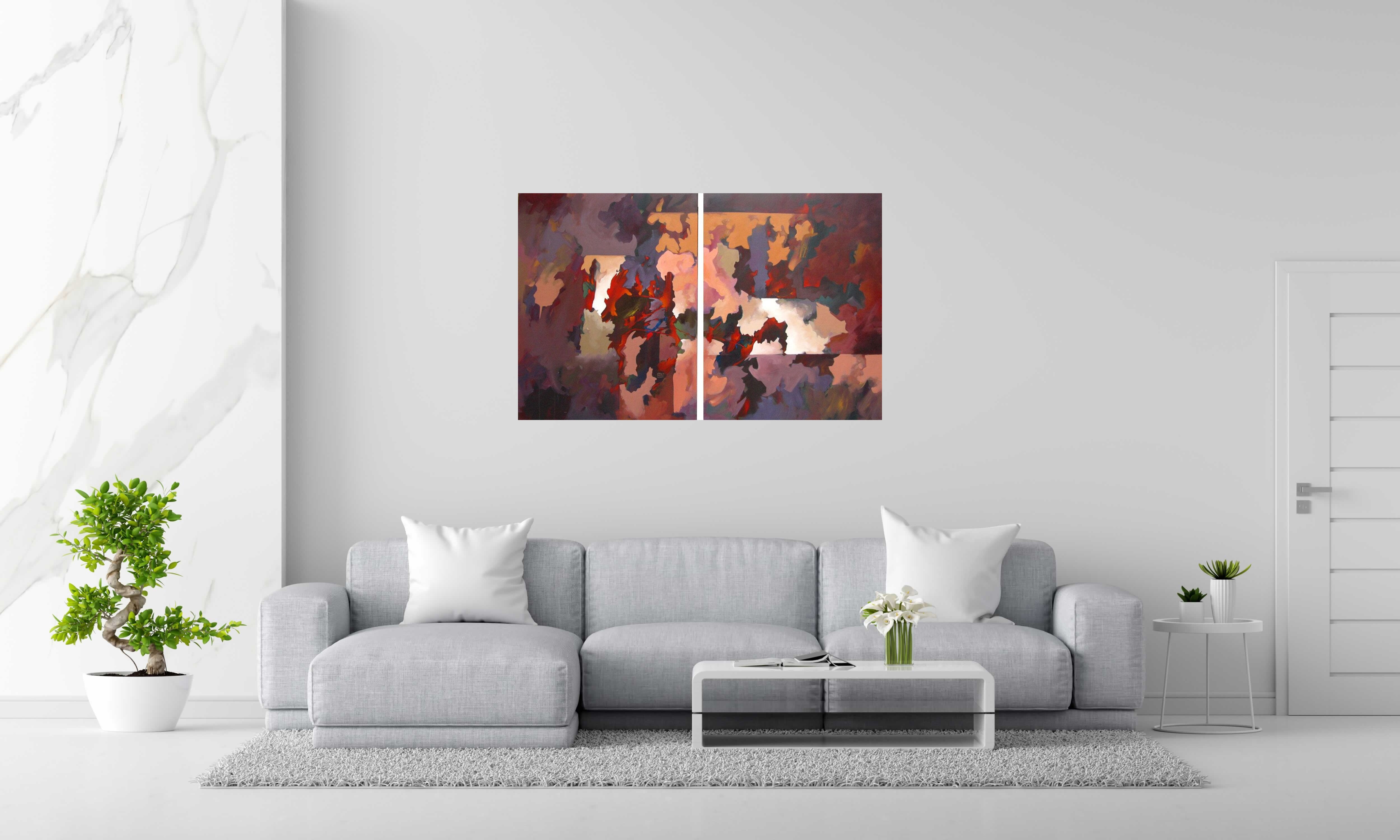 Peinture PEINTURE ABSTRAITE 16 - DYPTIQUE de BRUNEAU dans un intérieur – 81 × 130 cm