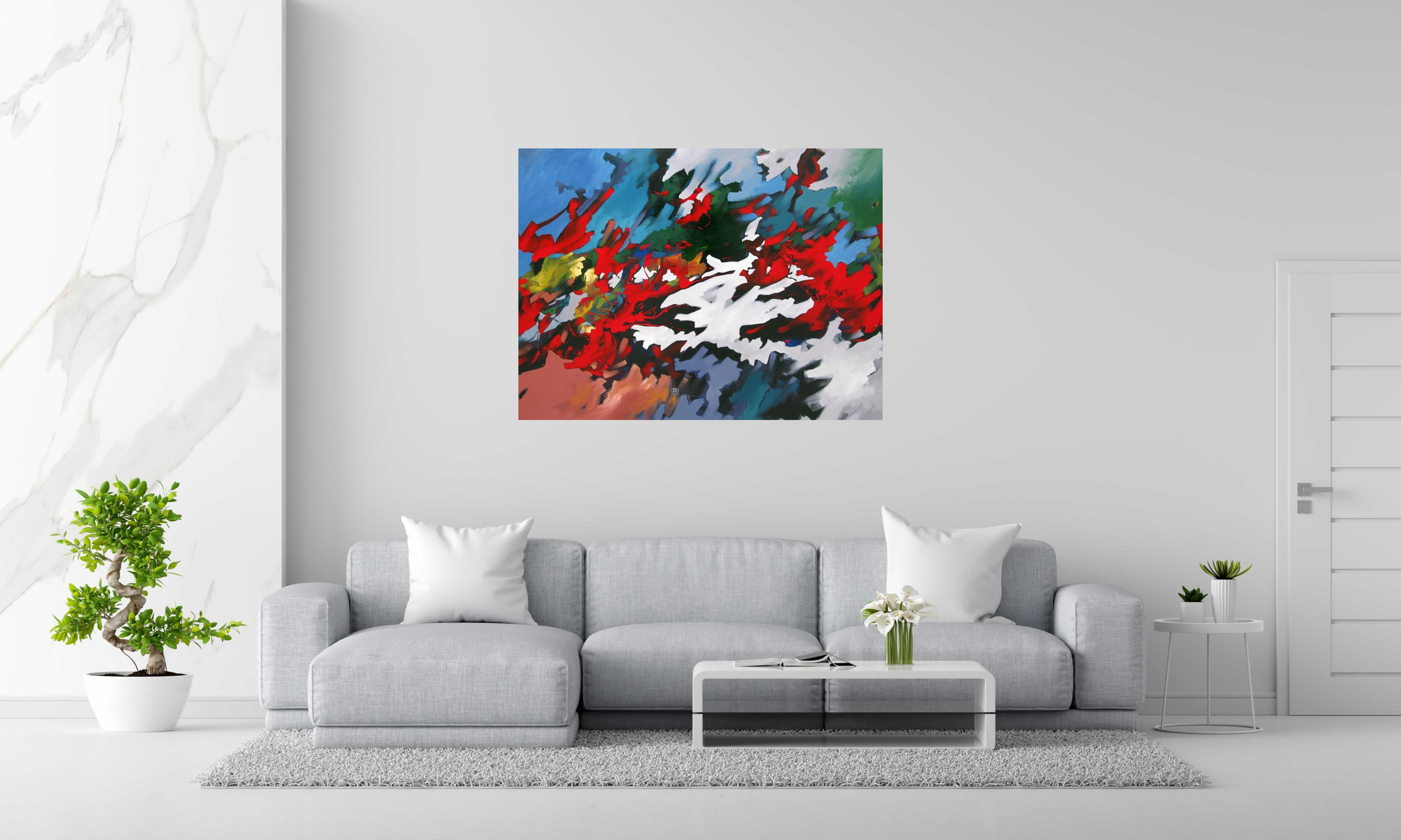 Peinture PEINTURE ABSTRAITE 55 de BRUNEAU dans un intérieur – 97 × 130 cm