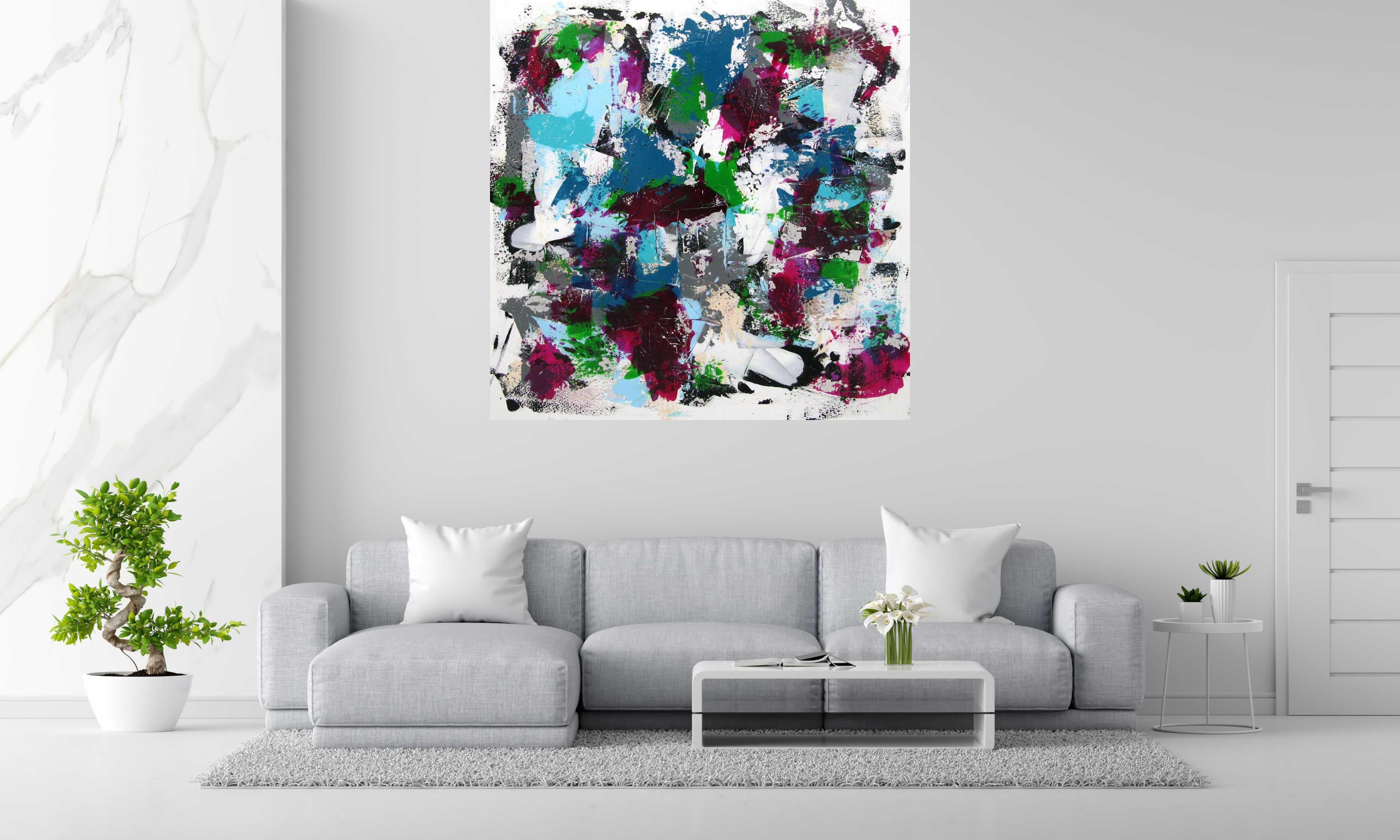 Peinture SUNNY de CELINE WEBER dans un intérieur – 150 × 150 cm