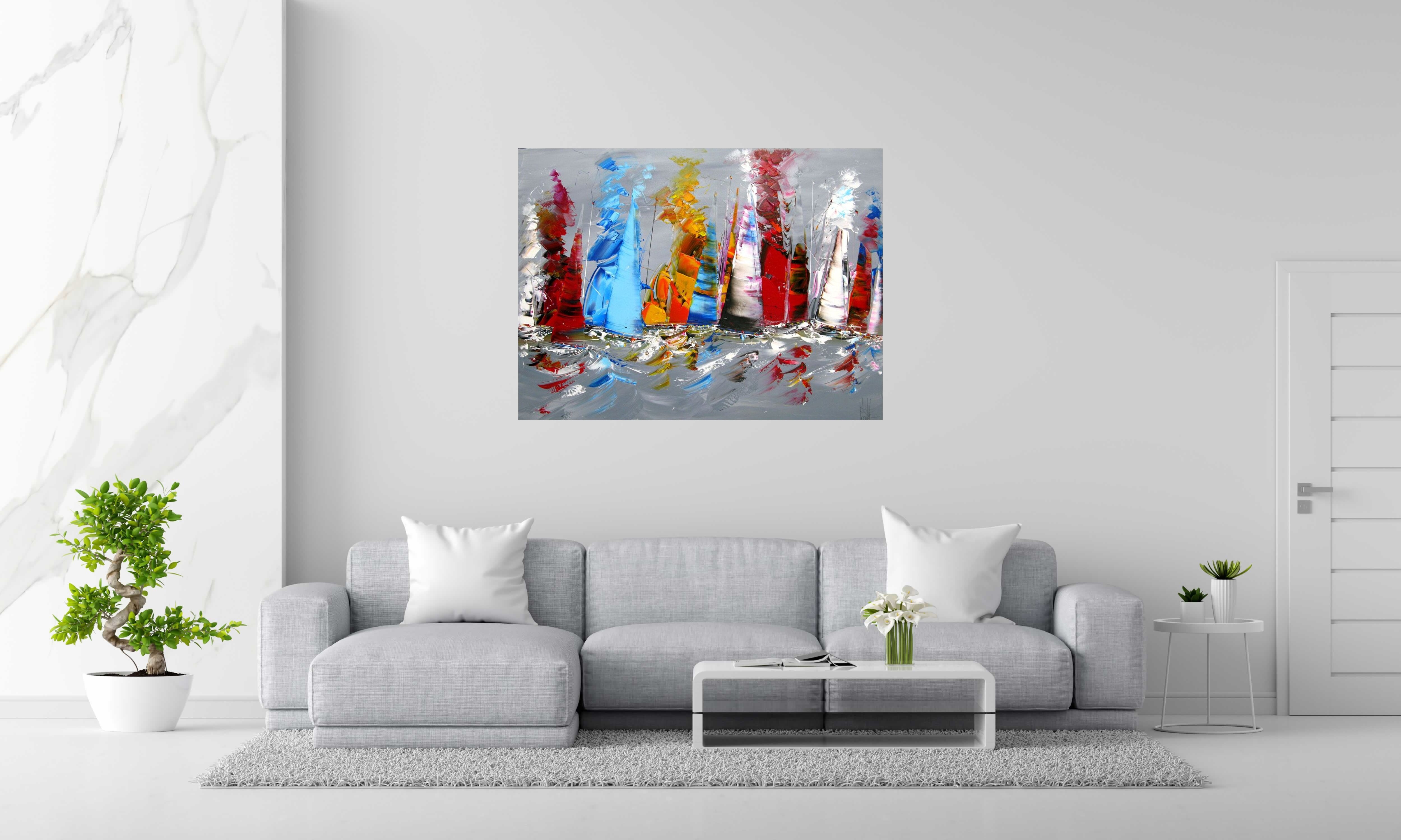 Peinture MARINE ABSTRAITE 2024-54 de F. BOUTET dans un intérieur – 130 × 97 cm
