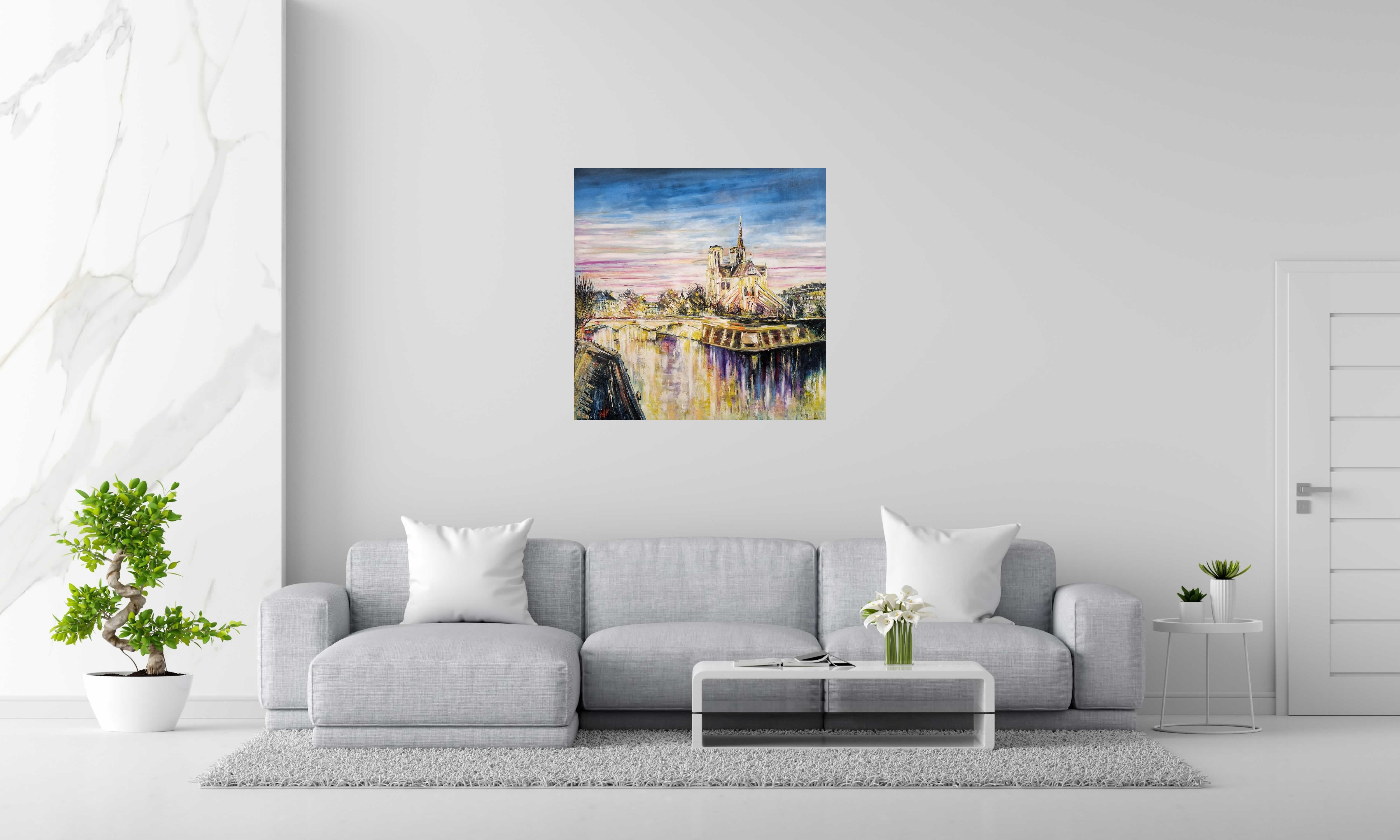 Peinture Cathédrale Notre-Dame de Paris de PHIL dans un intérieur – 90 × 90 cm