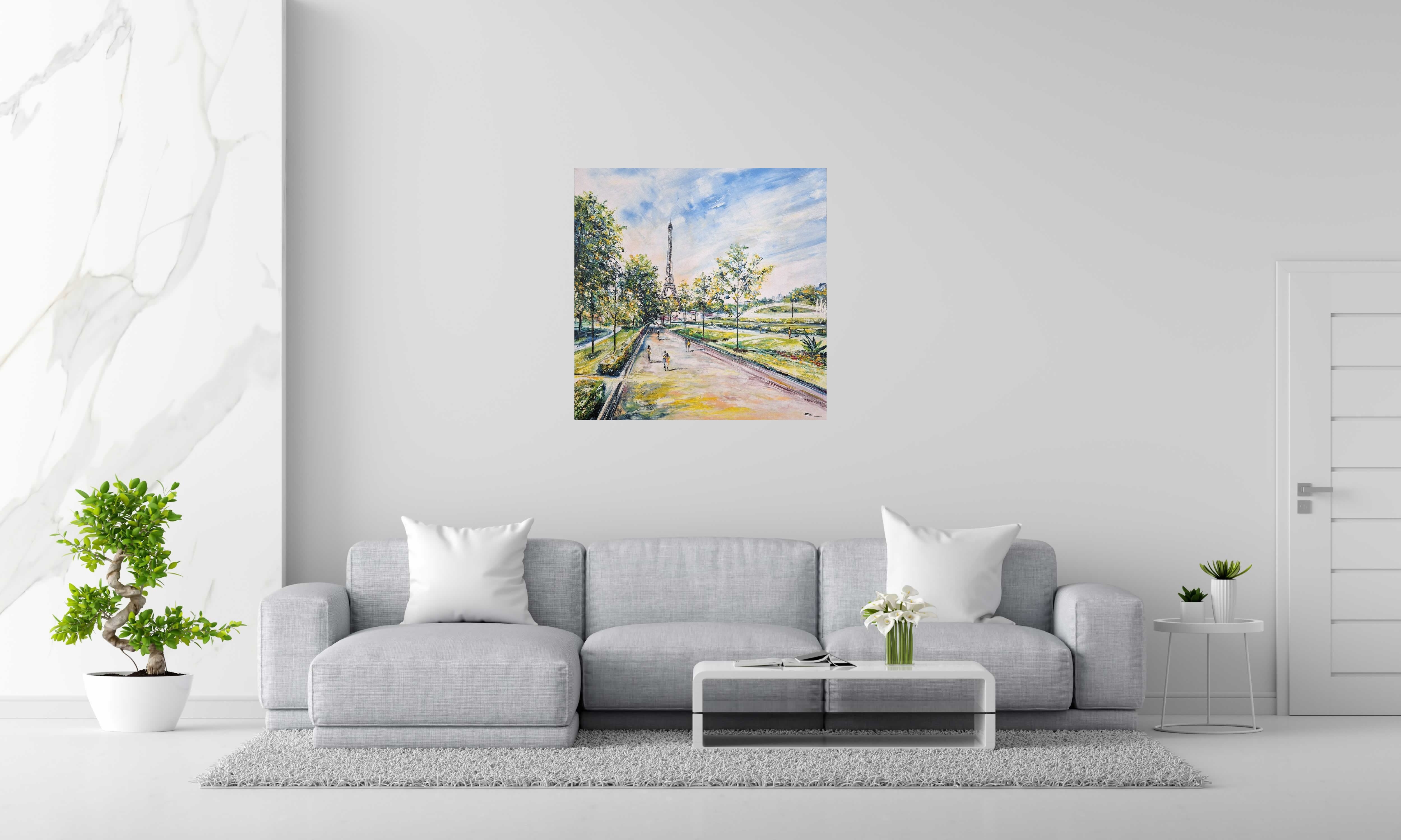 Peinture Jardins du Trocadéro, Paris de PHIL dans un intérieur – 90 × 90 cm