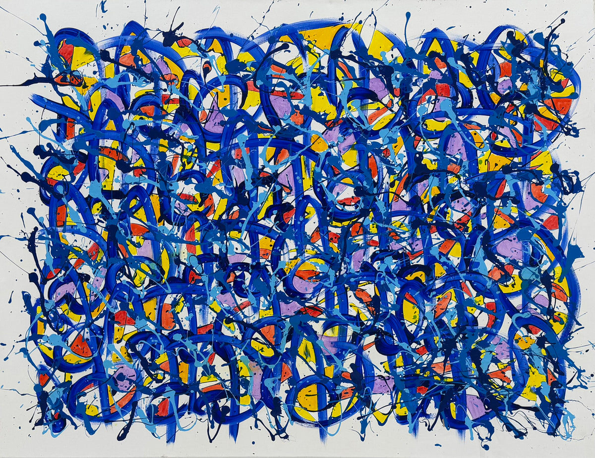 Peinture acrylique abstraite bleue grand format de Stéphane Rime, 116 x 89 cm