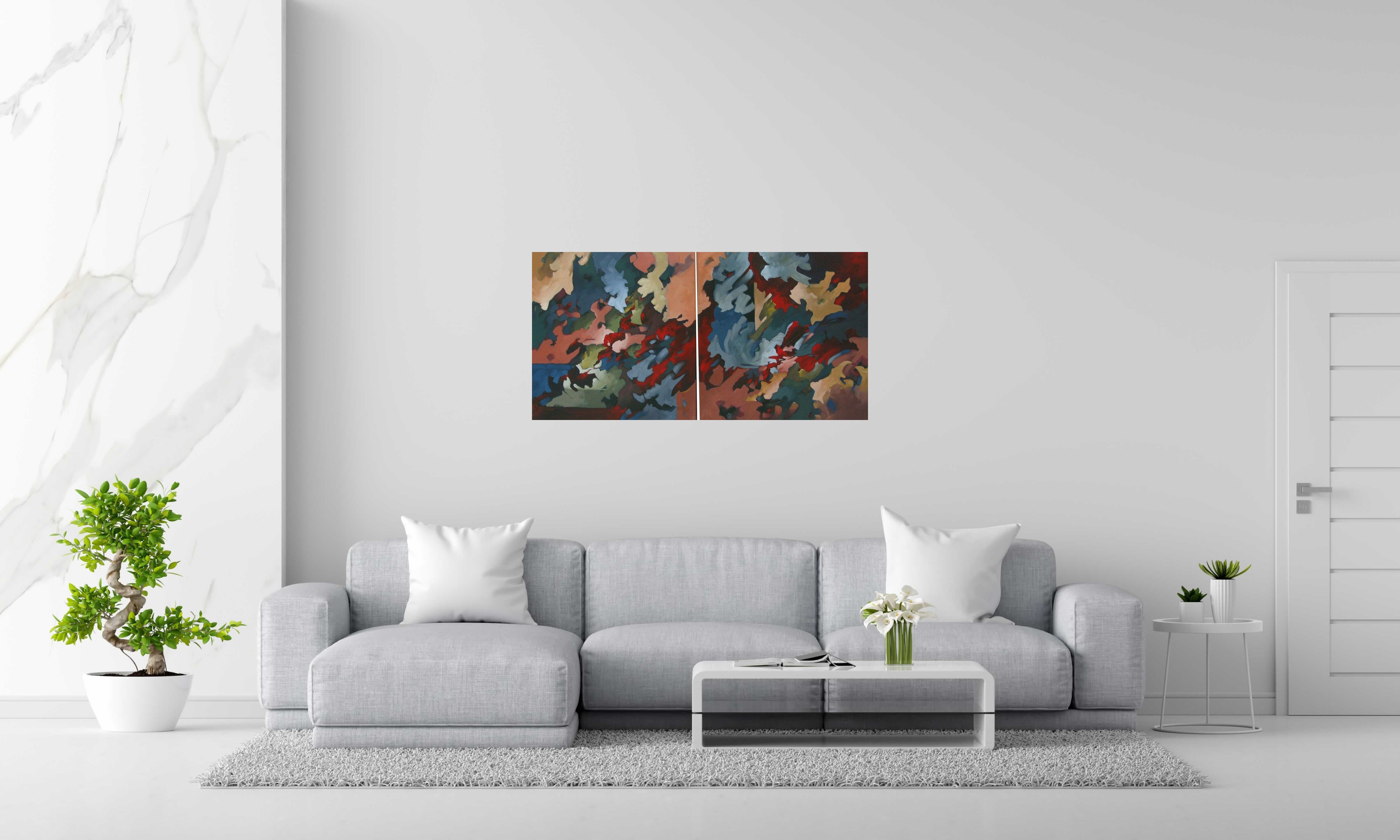 Peinture PEINTURE ABSTRAITE 37 - DYPTIQUE de BRUNEAU dans un intérieur – 60 × 120 cm