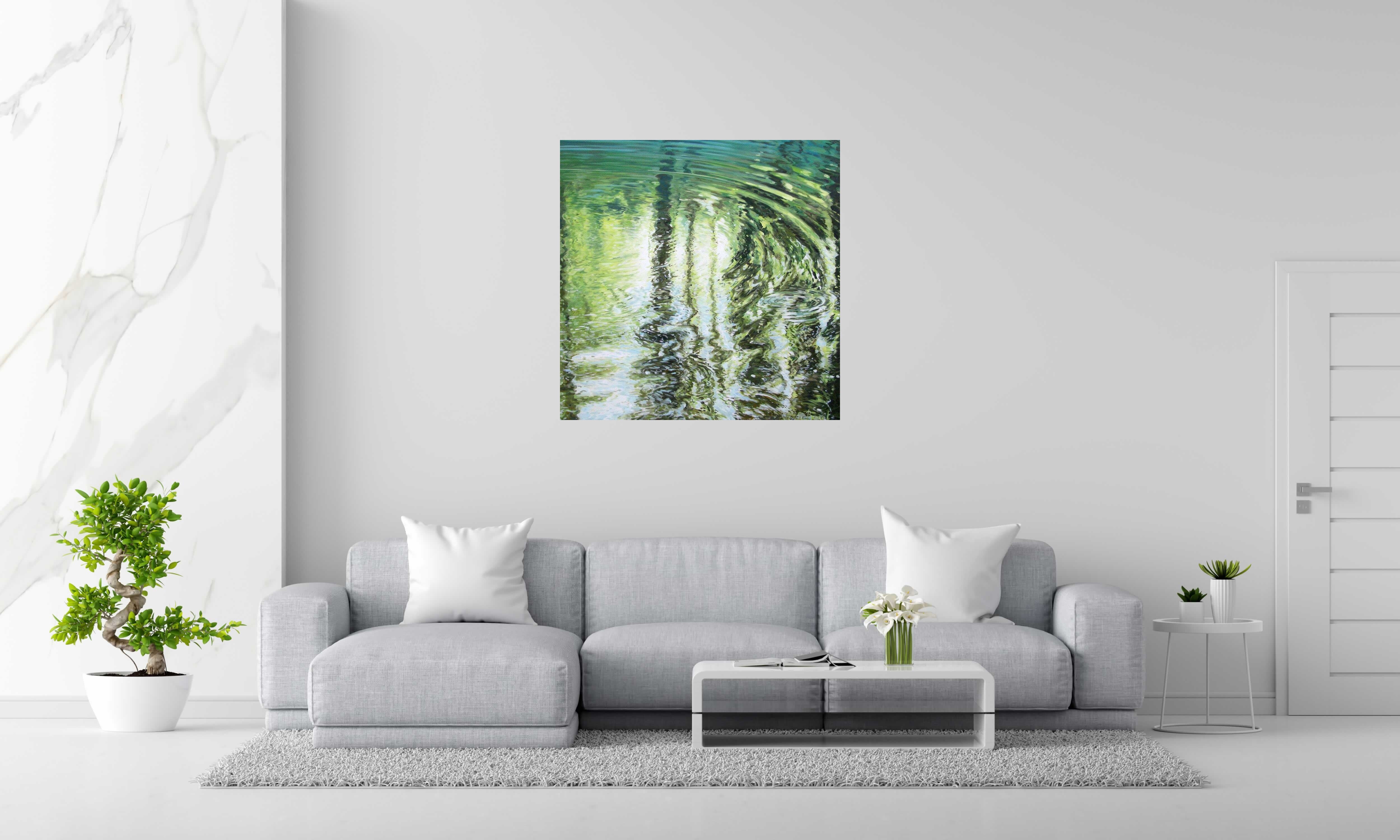 Peinture PLONGEON AU PLANEY XI de ELISE BARAT dans un intérieur – 100 × 100 cm