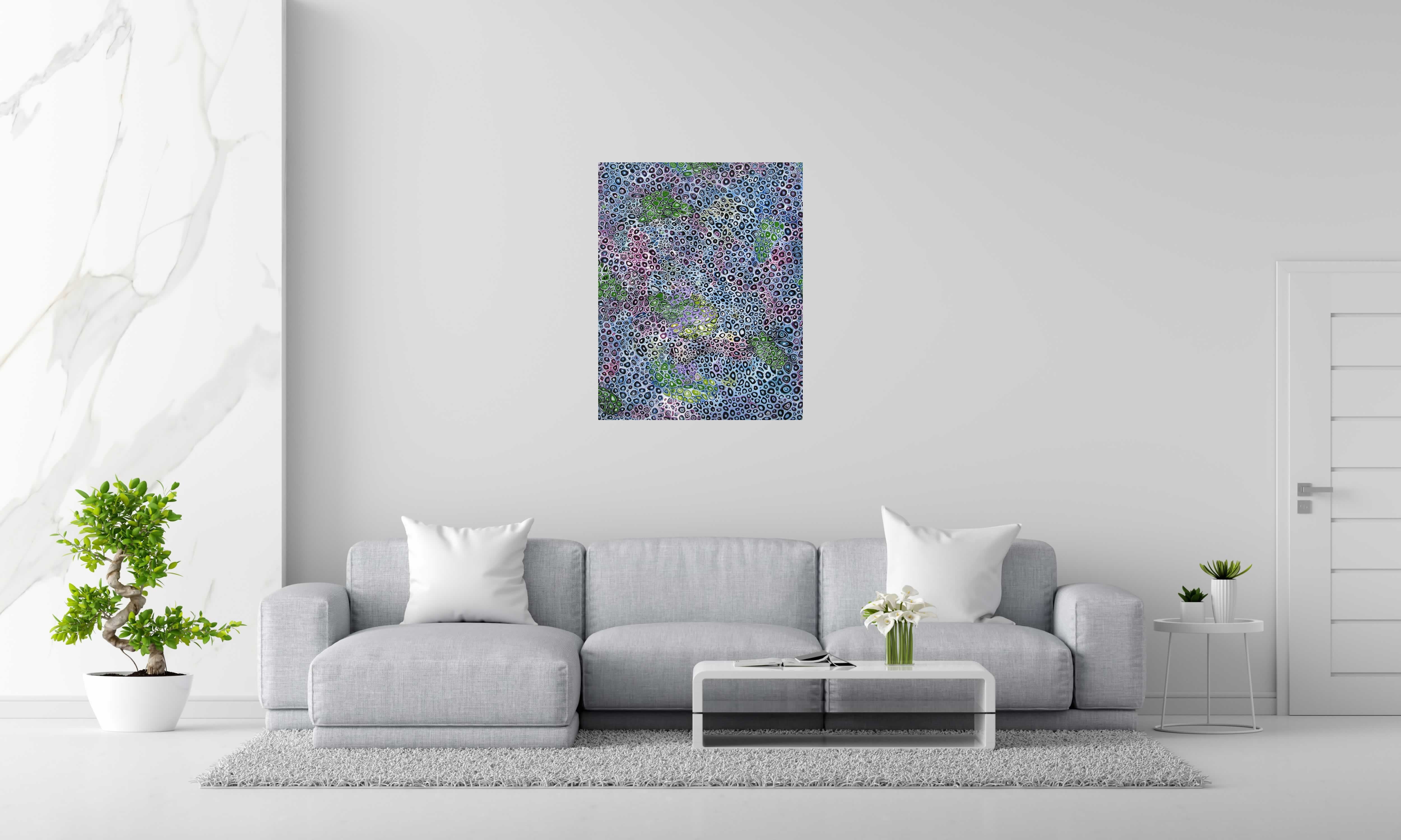 Peinture MICROCOSMES 18 de JAVIER RAMIREZ dans un intérieur – 92 × 73 cm