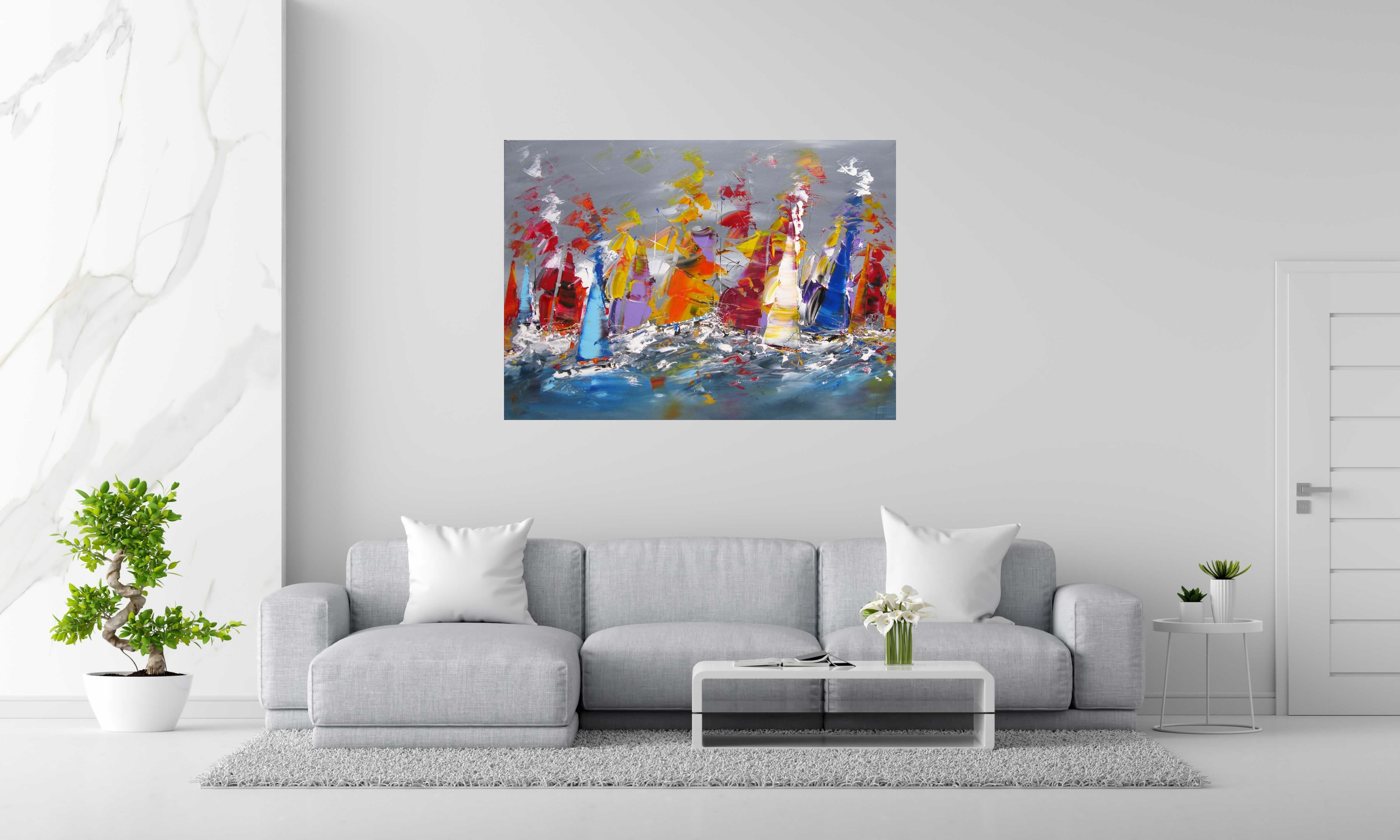 Peinture MARINE ABSTRAITE 2024-57 de F. BOUTET dans un intérieur – 140 × 100 cm