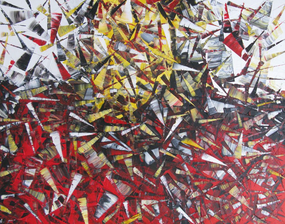 Peinture abstraite grande taille jaune et rouge PEINTURE 06-2020-74 – ALAIN BECANNE – 73 × 92 cm