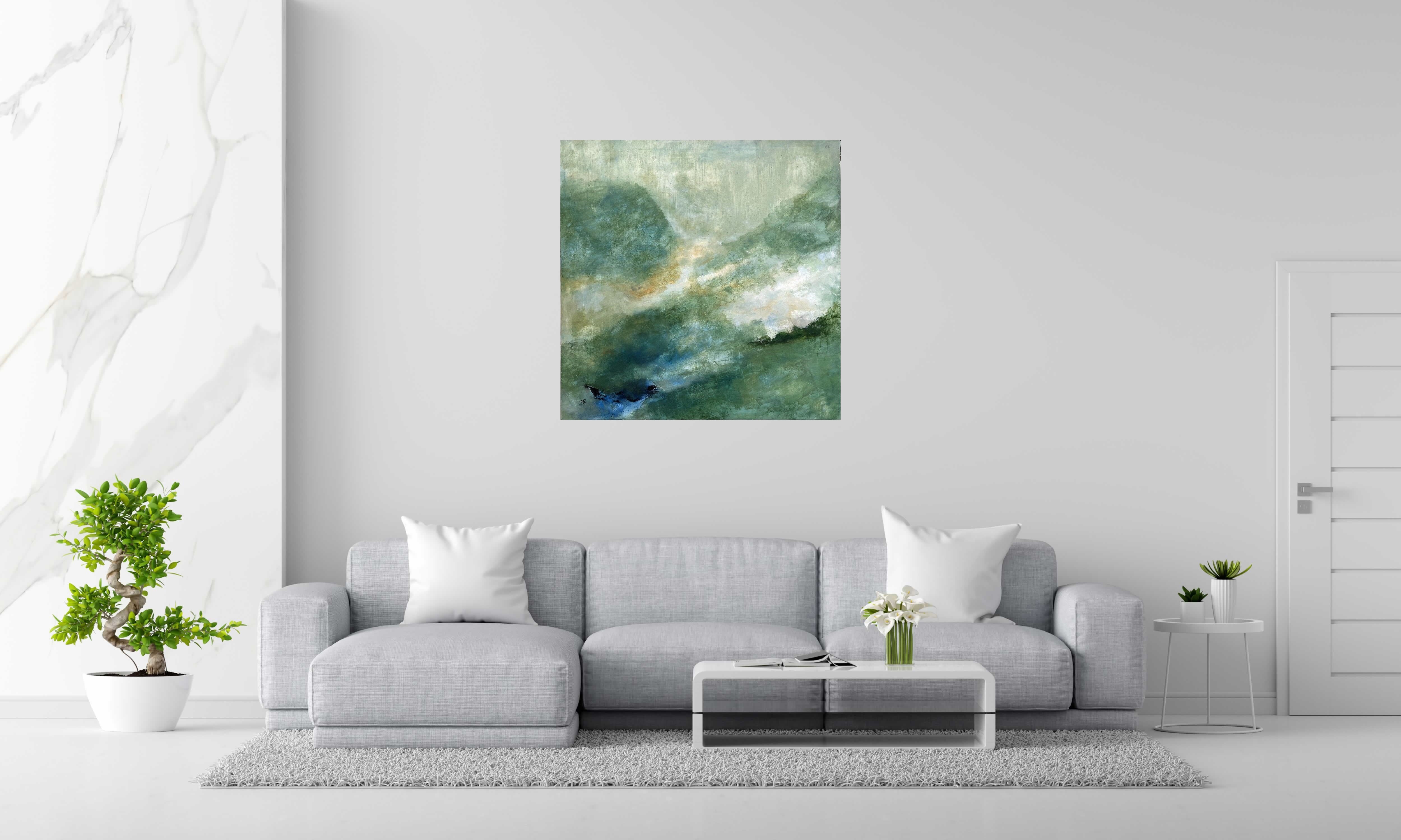 Peinture Verts de PASCALE JACQUEMOND dans un intérieur – 100 × 100 cm