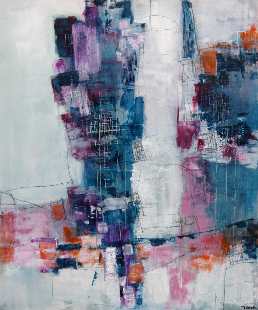 Peinture abstraite grande taille BLEU ET VIOLET – TANIA CARRARA – 81 × 100 cm