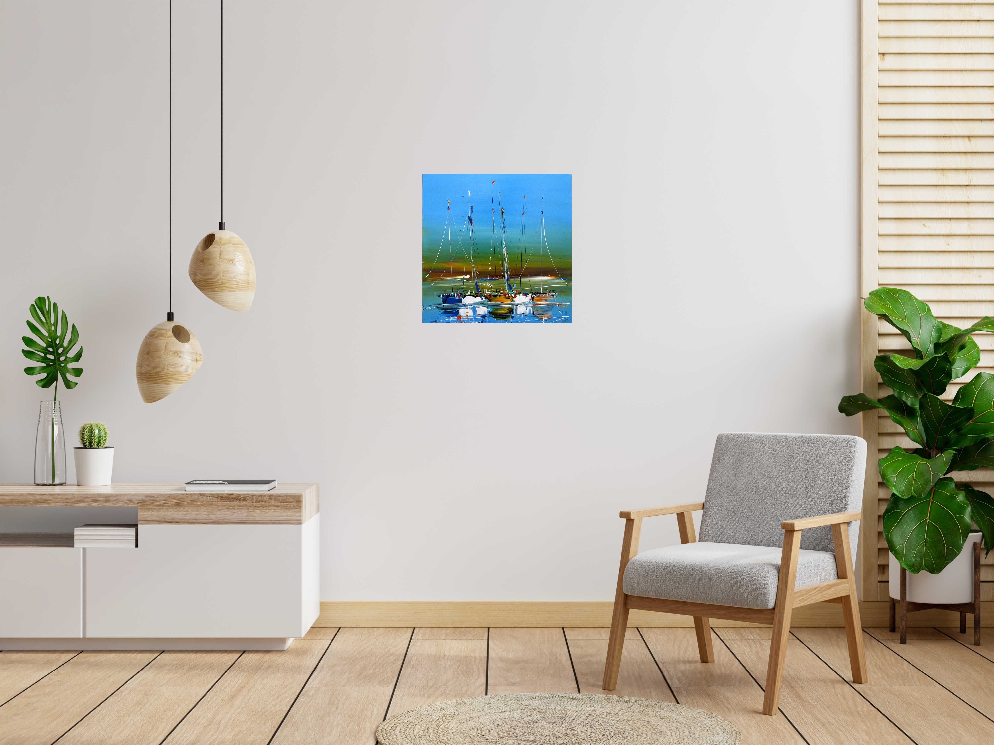 Peinture MARINE ABSTRAITE 89 de F. BOUTET dans un intérieur – 60 × 60 cm
