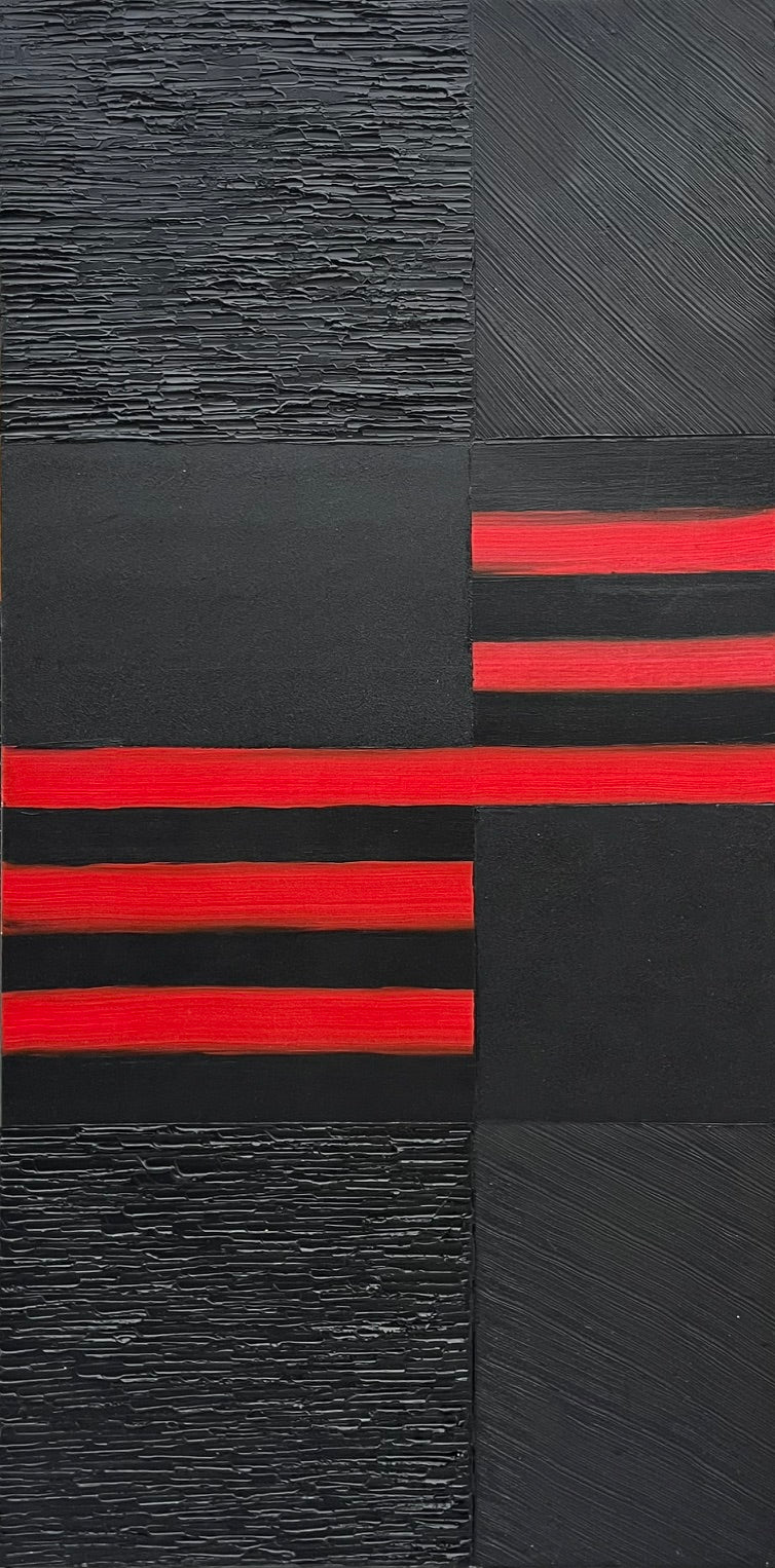Peinture abstraite moyen format noir et rouge peinture 02-2026-01 – ALAIN BECANNE – 100 × 50 cm