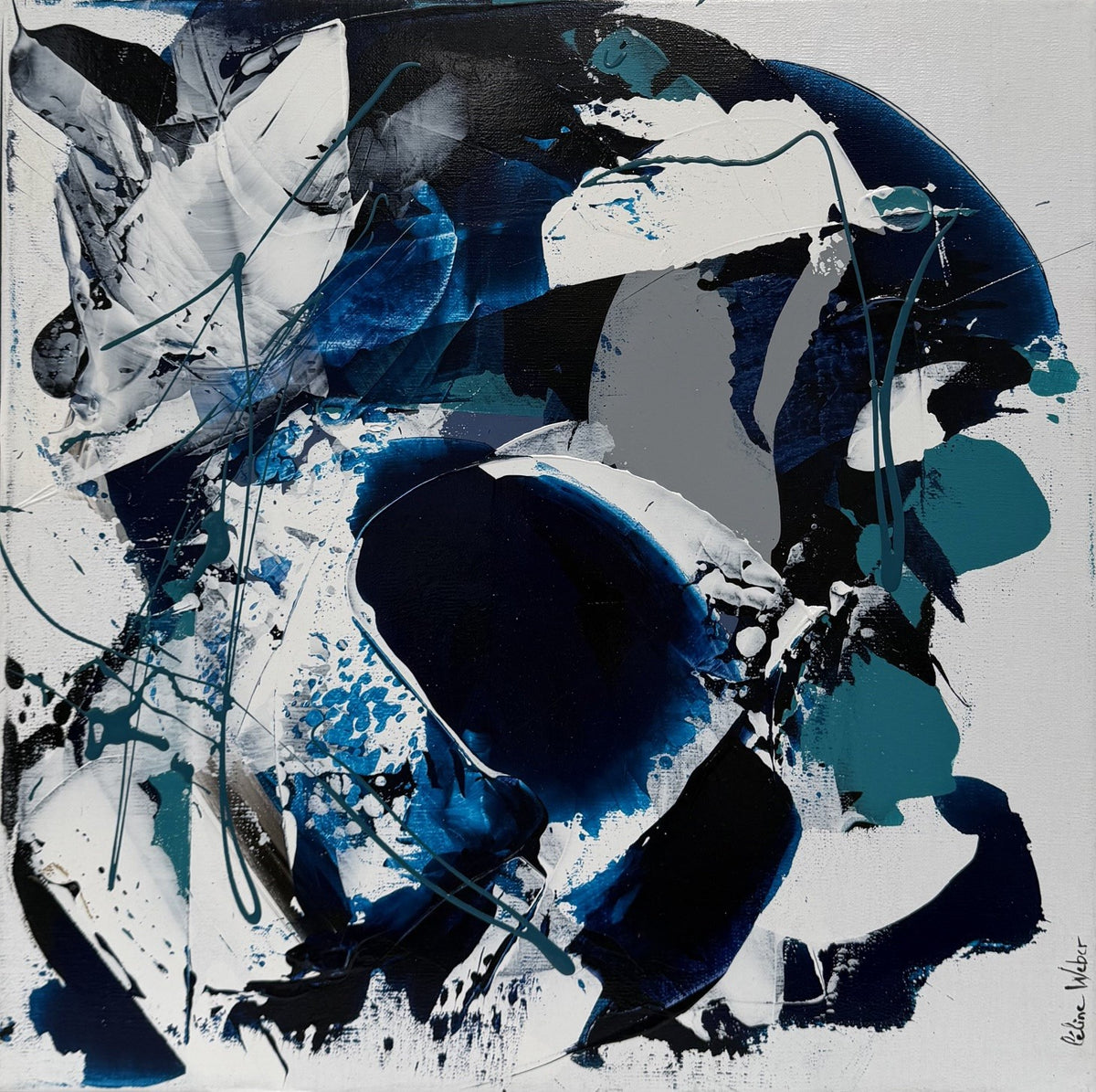 Peinture abstraite bleue de Céline Weber, The Deep 2, acrylique sur toile, 40 x 40 cm