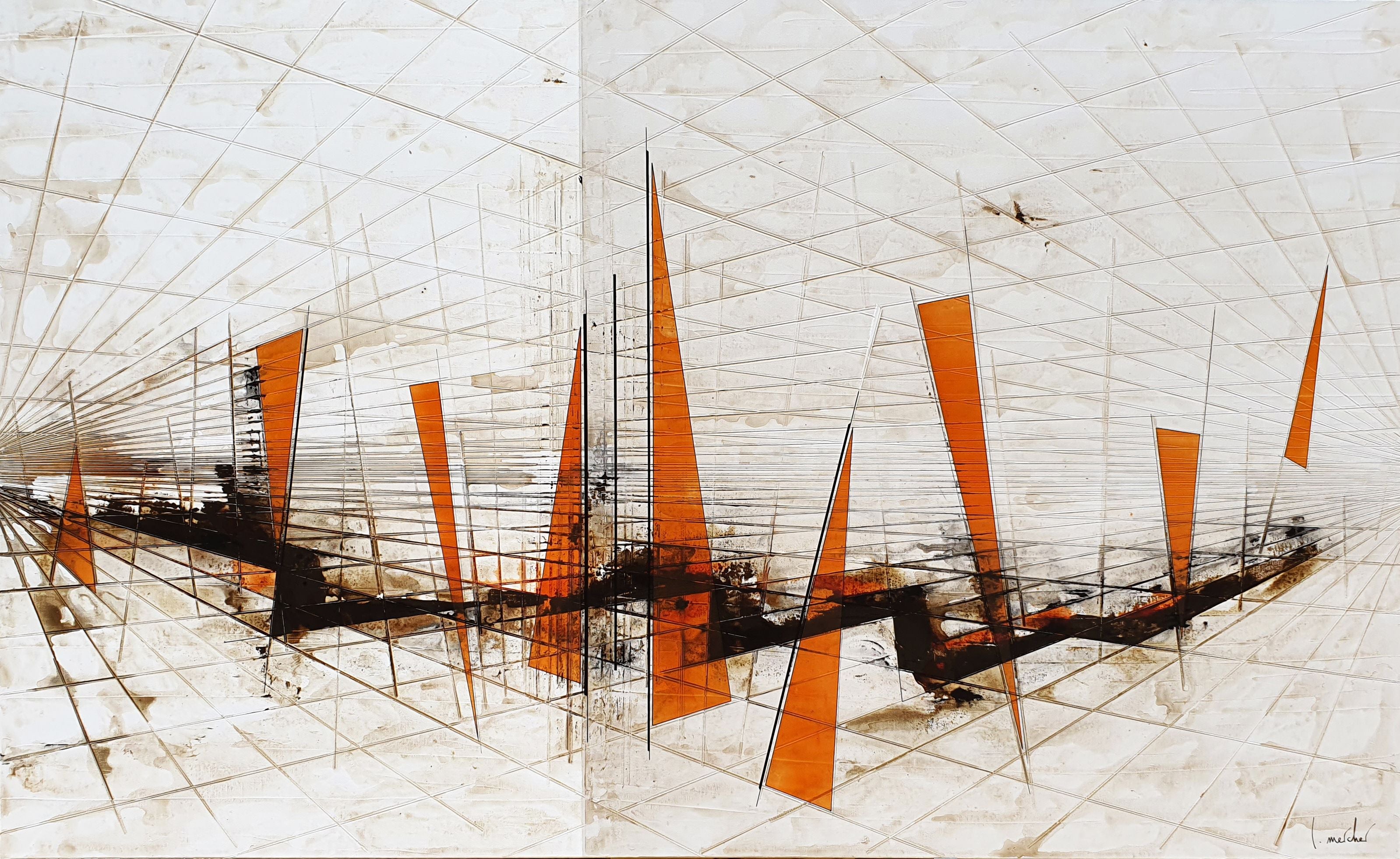 Peinture abstraite très grand format beige UPSIDE DOWN – LUDOVIC MERCHER – 89 × 146 cm